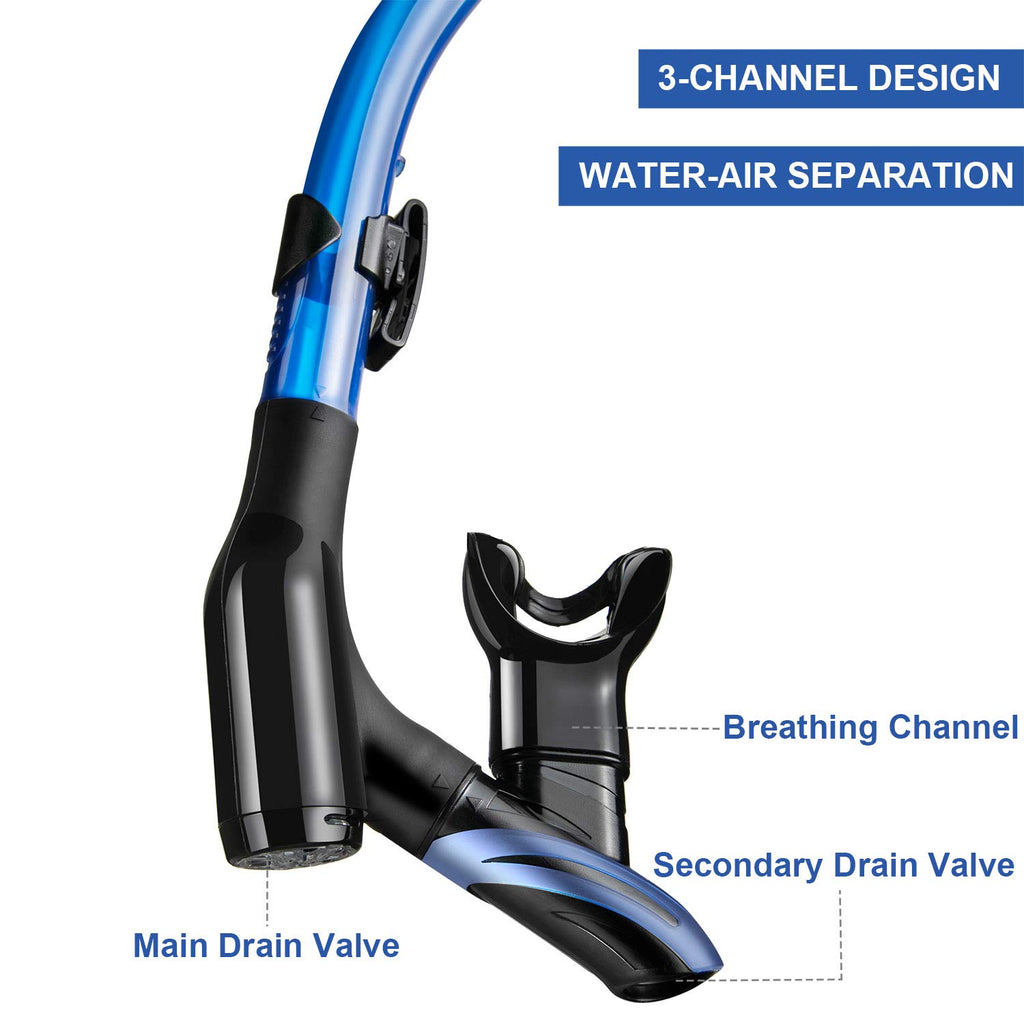 Dorlle Set da snorkeling con boccaglio e occhiali da immersione, impermeabile, anti-appannamento, in vetro temperato, con boccaglio a 3 canali Premium Dry per adulti