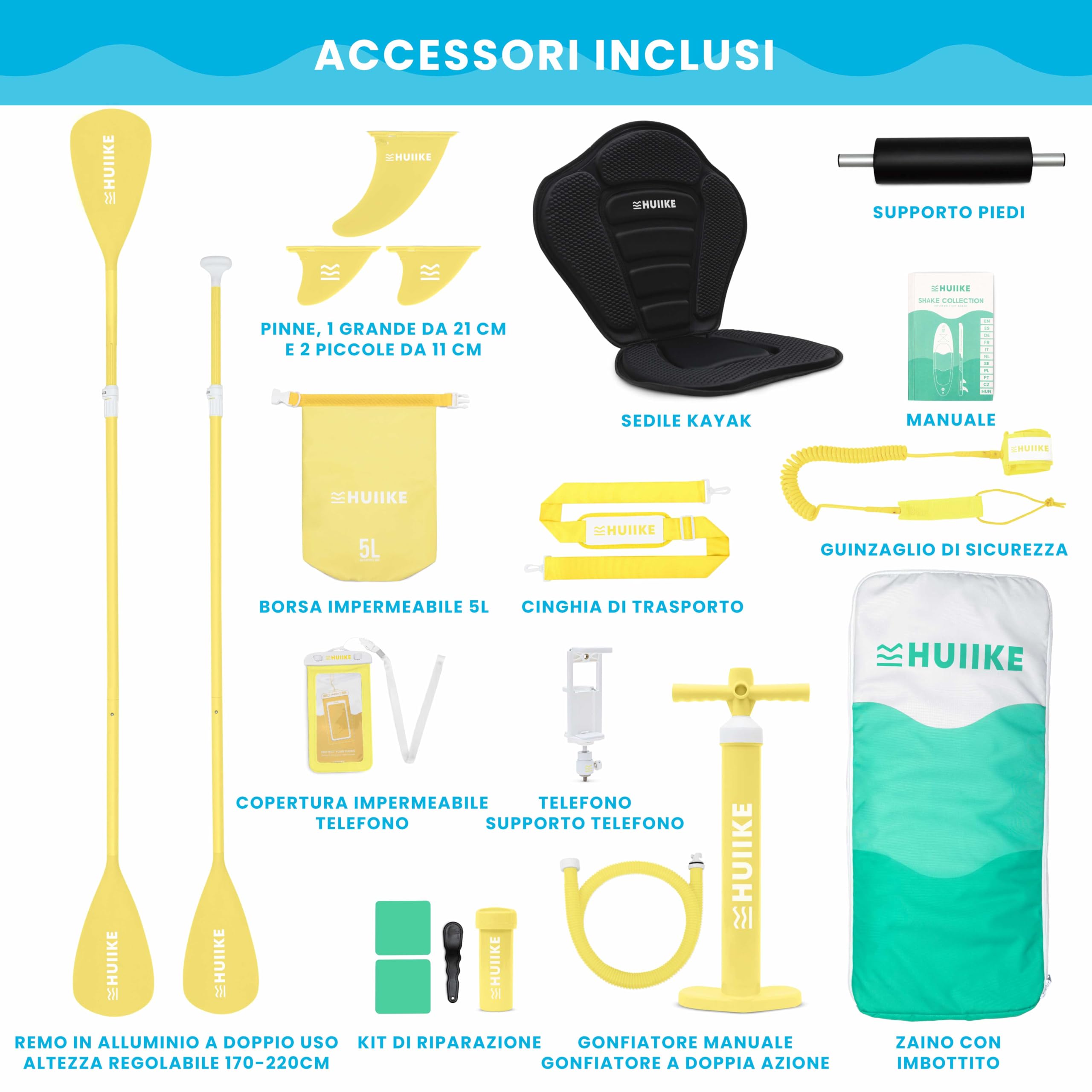 HUIIKE Tavola Sup Gonfiabile Adulti con Accessori Inclusi, Pagaia, Pinne, Pompa. Stand Up Paddle Board con Grande Stabilità e Resistenza. 305 x 84 x 15 cm, Carico Massimo 130 kg