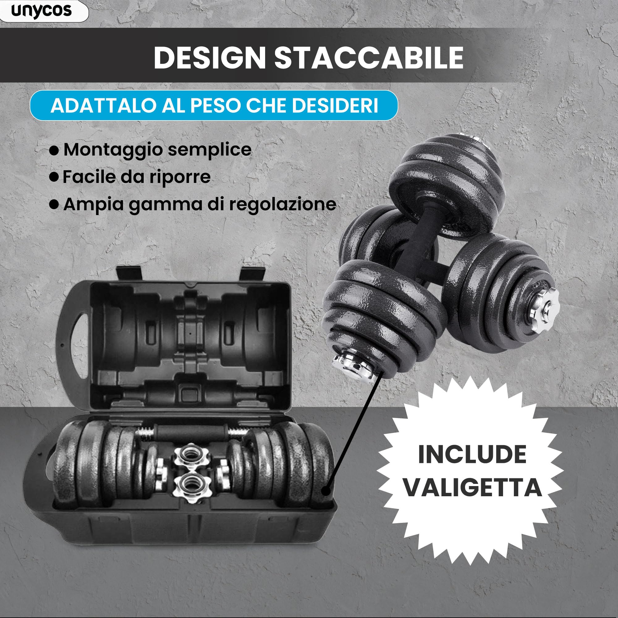 unycos - Haltères Réglables avec Disques 15-50 kg【E-Book + Mallette】Paire de Poids avec Barre de Connexion Antidérapante pour Hommes/Femmes, Entraînement, Gym à Domicile, Fitness (Iron Transformer)
