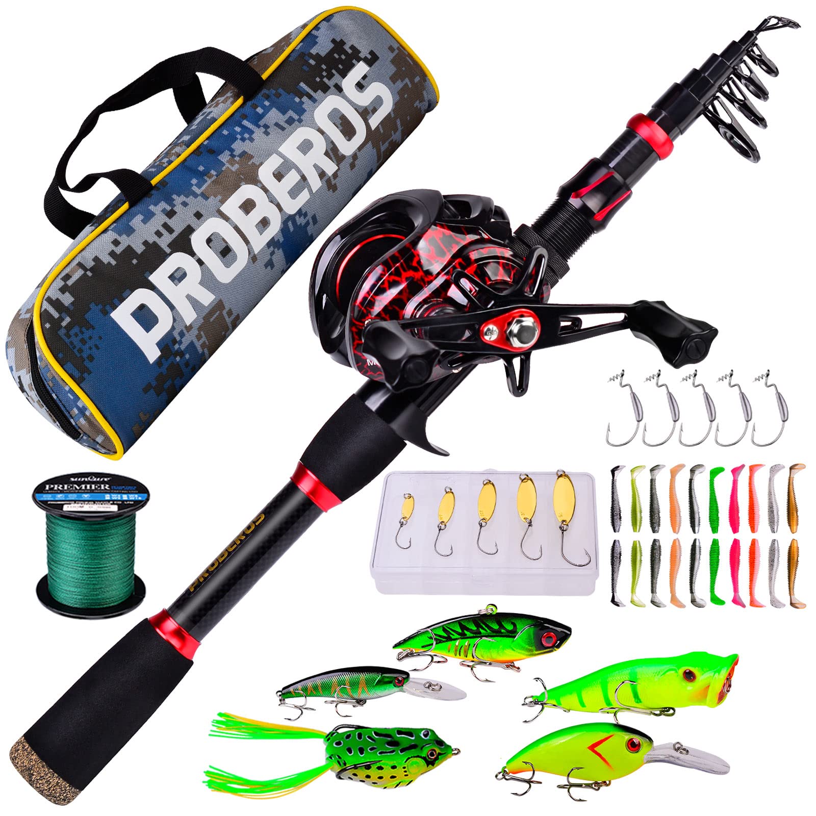Canna da pesca e mulinello Combo, canna da pesca telescopica in fibra di carbonio da 2,1 m con mulinello da spinning/baitcasting, set di attrezzatura da pesca in acqua salata d'acqua dolce ghiaccio