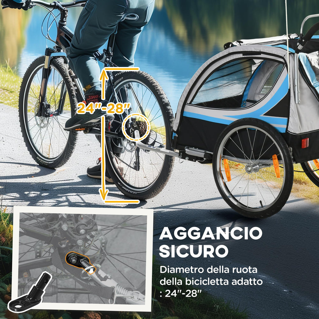 HOMCOM Rimorchio Bici per Bambini e Passeggino, Design 2 in 1 con Freno, Cintura a 5 Punti, Carrello Rimorchio per Bicicletta con Tasche Laterali, Catarifrangenti e Bandierina