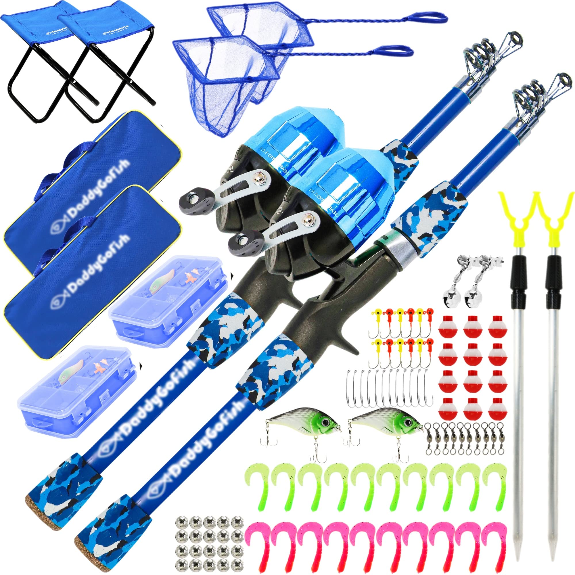 DaddyGoFish Kids Canna da Pesca Telescopica Spincast Combo Sedia Pieghevole Portacanna Tackle Box Bait Net Ragazzi Ragazze