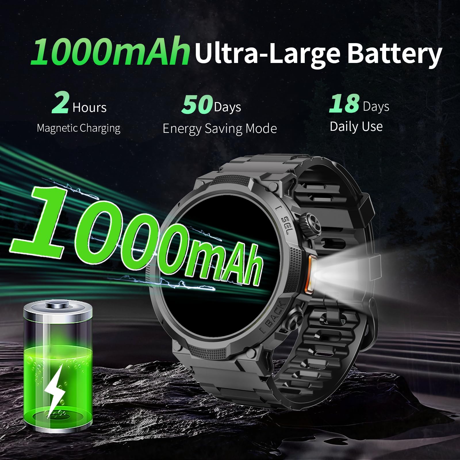 Smartwatch Uomo Militare, Orologio Smartwatch 1.43" con Chiamate Bluetooth, 100+ Modalità Sportive, Batteria 1000 mAh, Monitoraggio Sonno e Cardiofrequenzimetro, Torcia e Bussola per IOS/Android