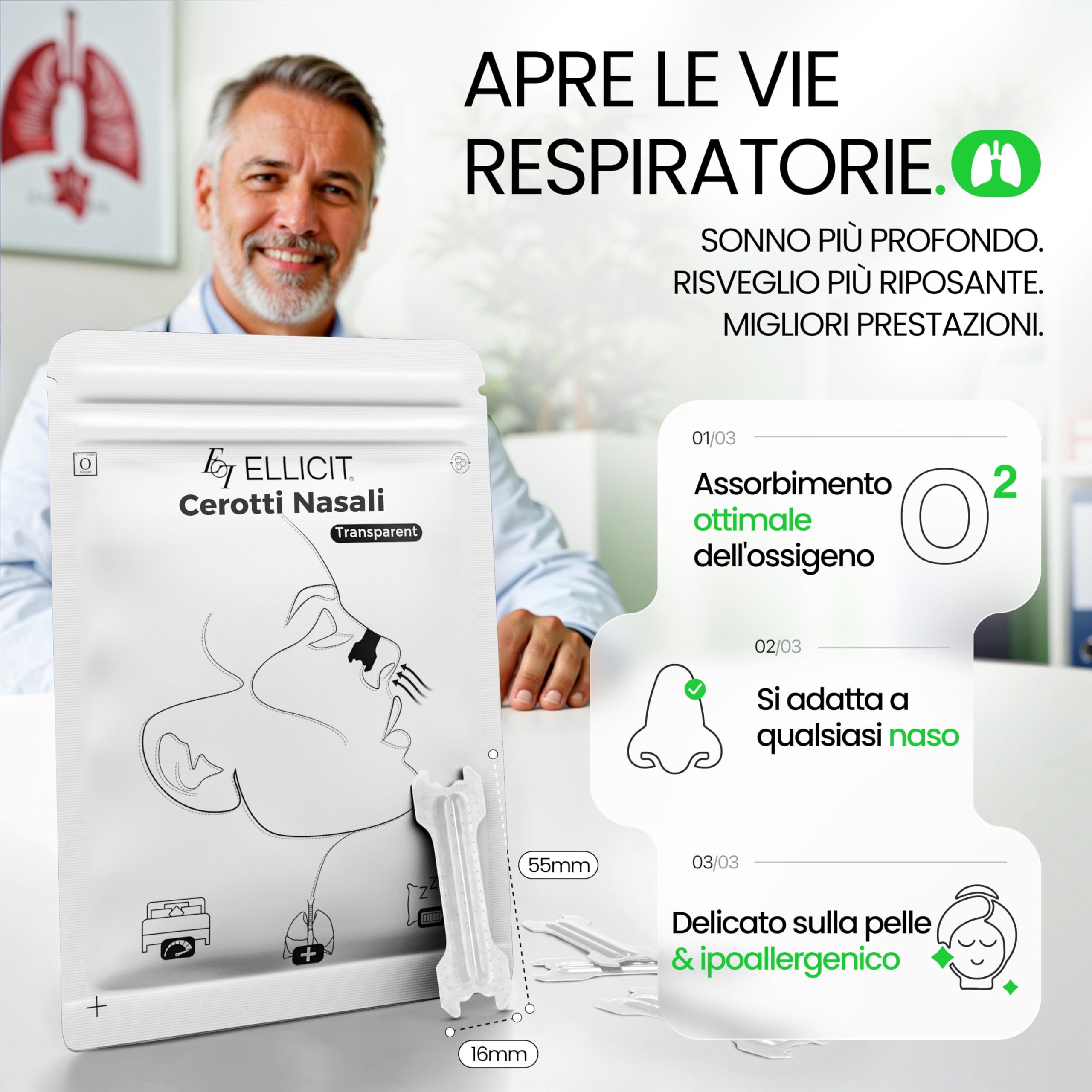 Ellicit Cerotti Nasali, 30 cerotti naso di qualità superiore, cerotti per non russare, tenuta extra per una migliore qualità del sonno, Alivia la congestione nasale, nasal strip [univ.] (Nero)