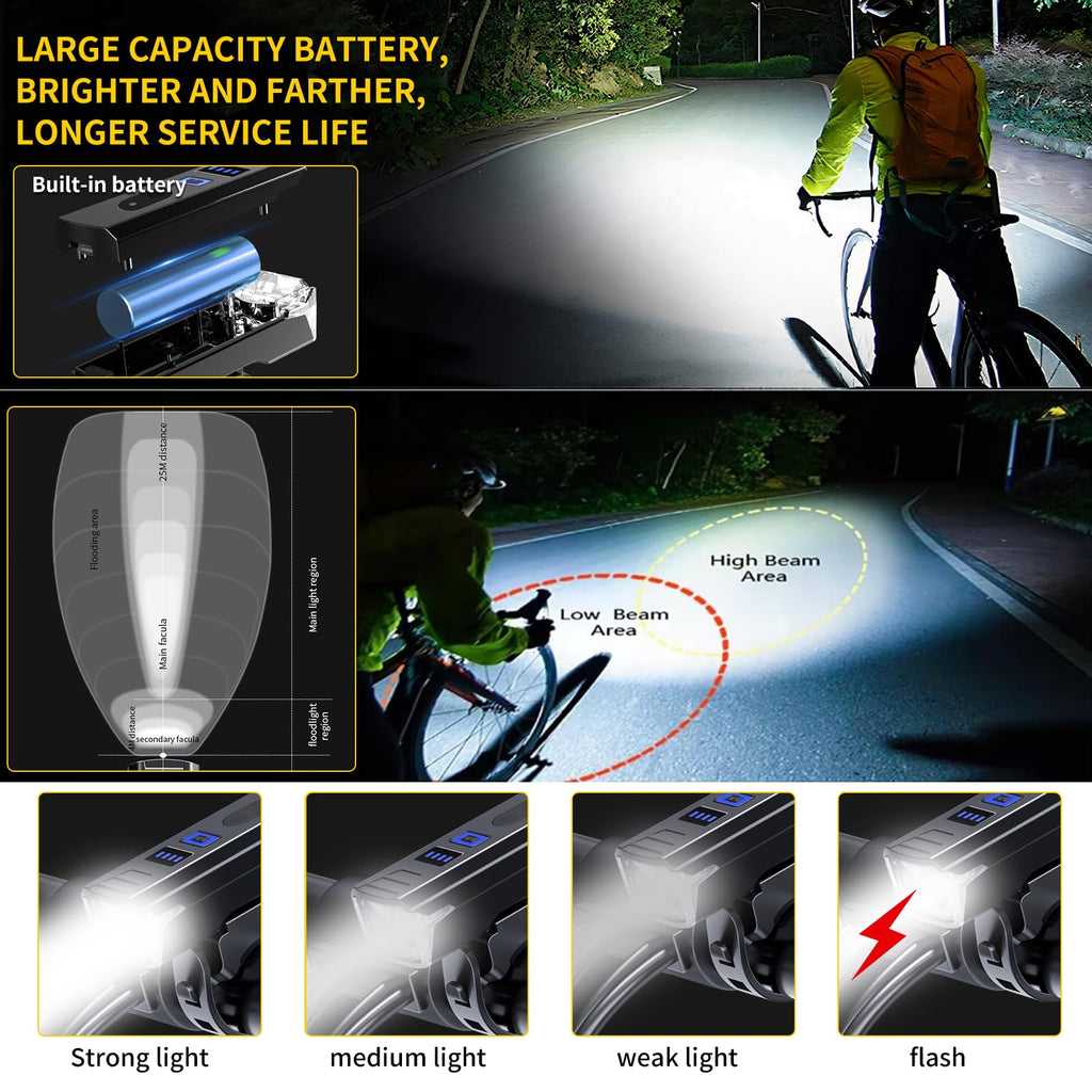 Luci Bici Ricaricabili USB,Luci Bicicletta LED Potenti Super Luminoso 2000 Lumens Luce Bici Anteriore e Posteriore ，Impermeabile IPX5 Set di luci per Bicicletta per Strada e Montagna