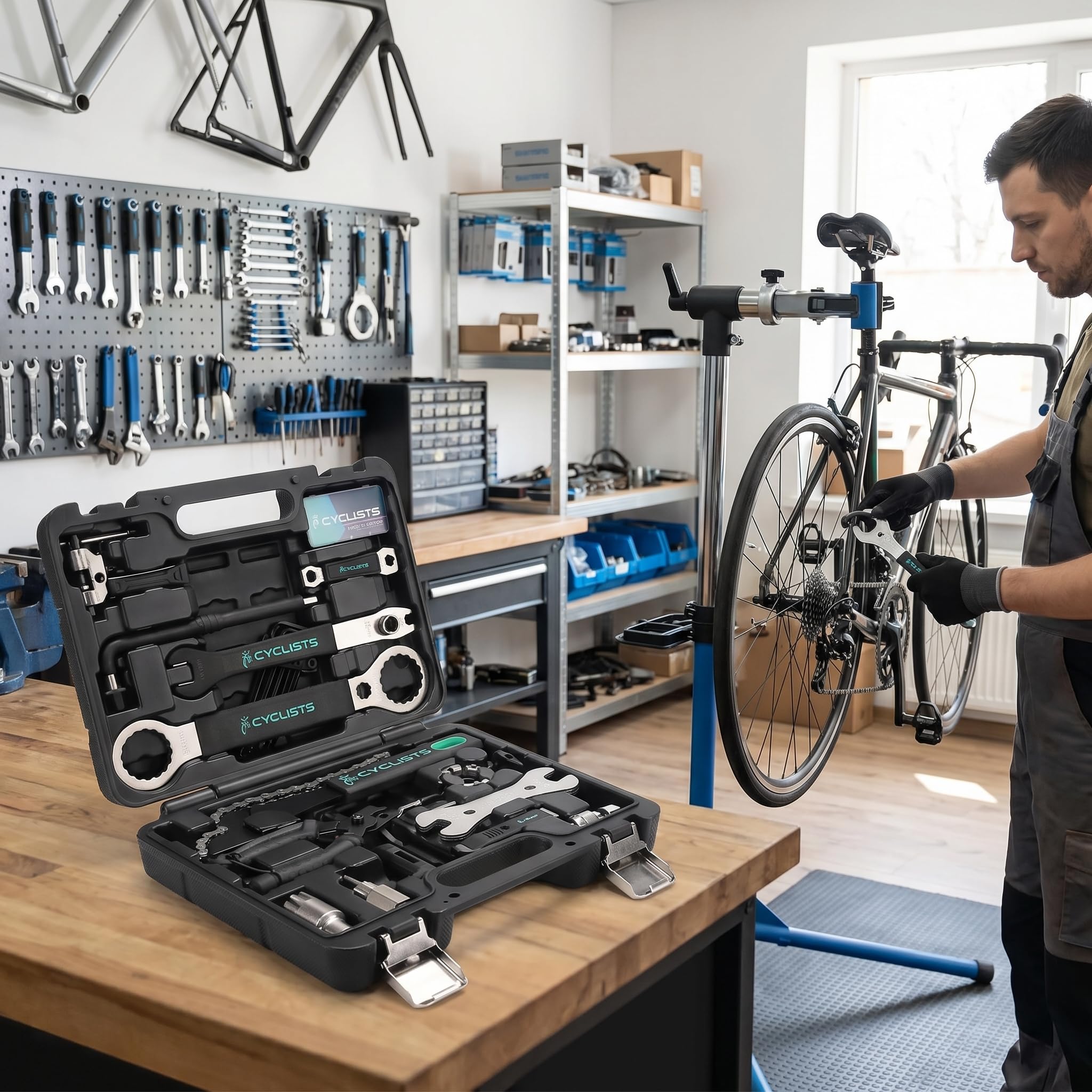cyclists Kit di Riparazione Bici Portatile, Valigetta Attrezzi per Riparazioni Catene e Pneumatici, Set Completo di Attrezzi per Bici con Custodia per Trasporto