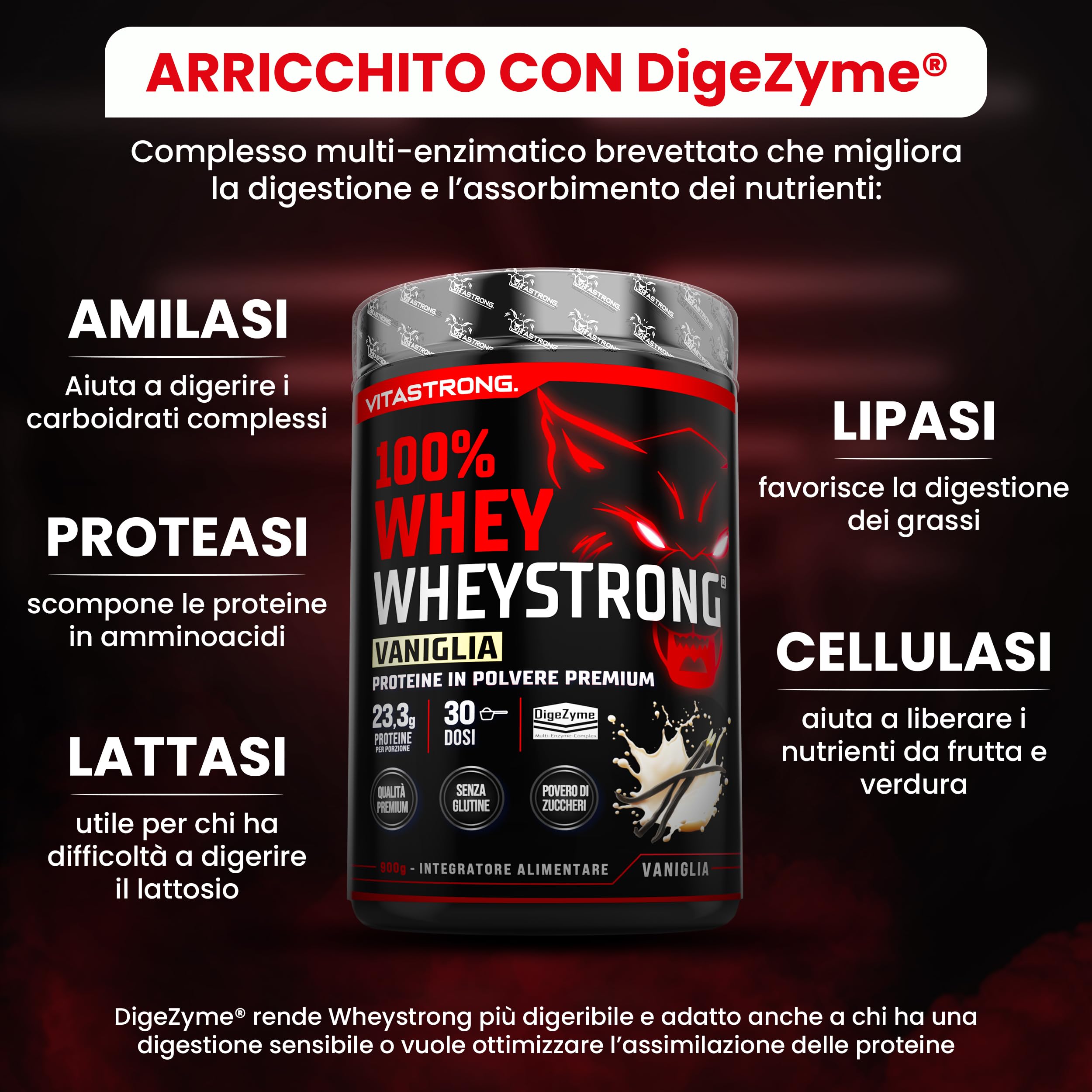 Proteine in Polvere 900g, 100% Proteine Whey Strong con DigeZyme® Alta Digeribilità e Concentrazione, Proteine del Siero del Latte da Fornitori Italiani (900g, Vaniglia)