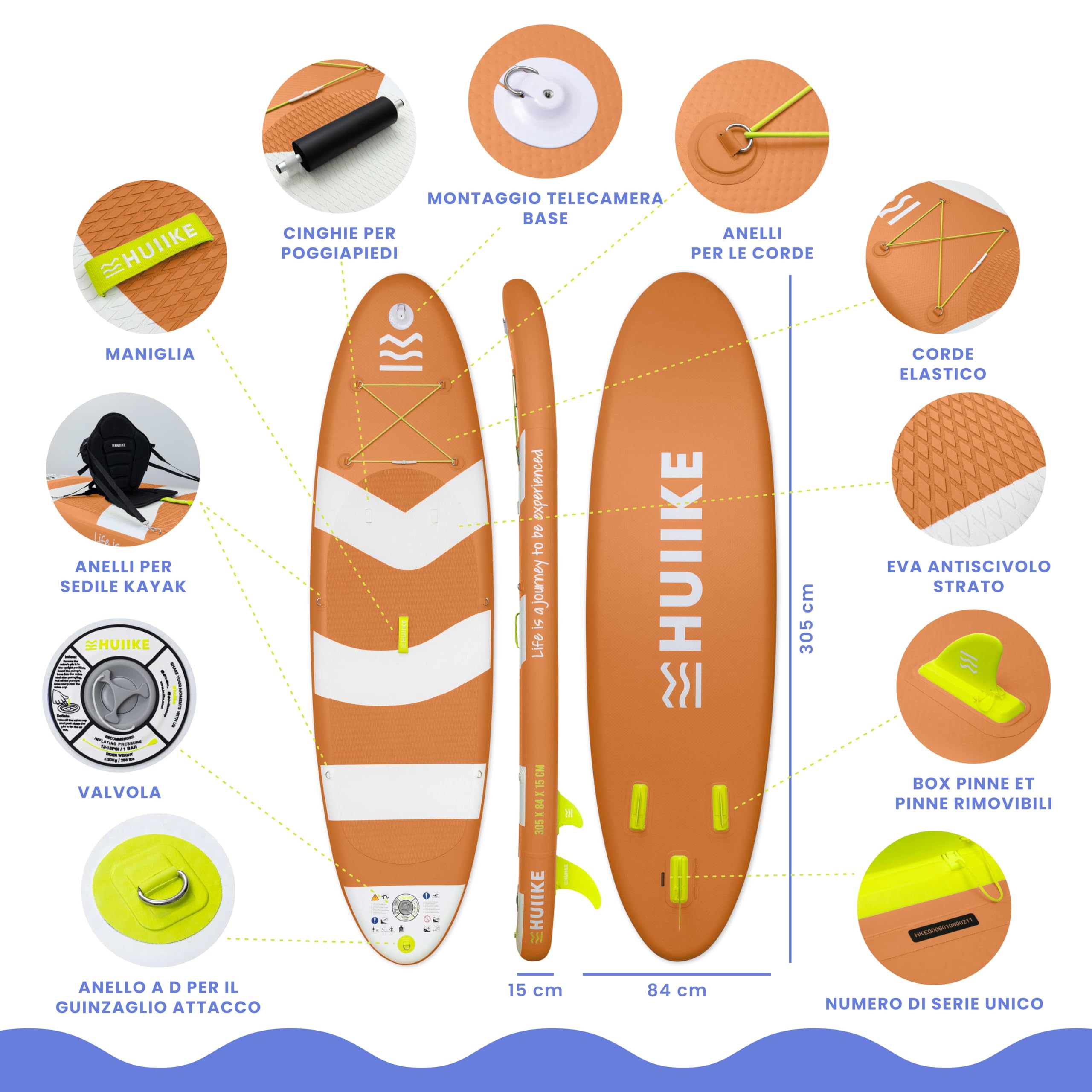 HUIIKE Tavola Sup Gonfiabile Adulti con Accessori Inclusi, Pagaia, Pinne, Pompa. Stand Up Paddle Board con Grande Stabilità e Resistenza. 305 x 84 x 15 cm, Carico Massimo 130 kg