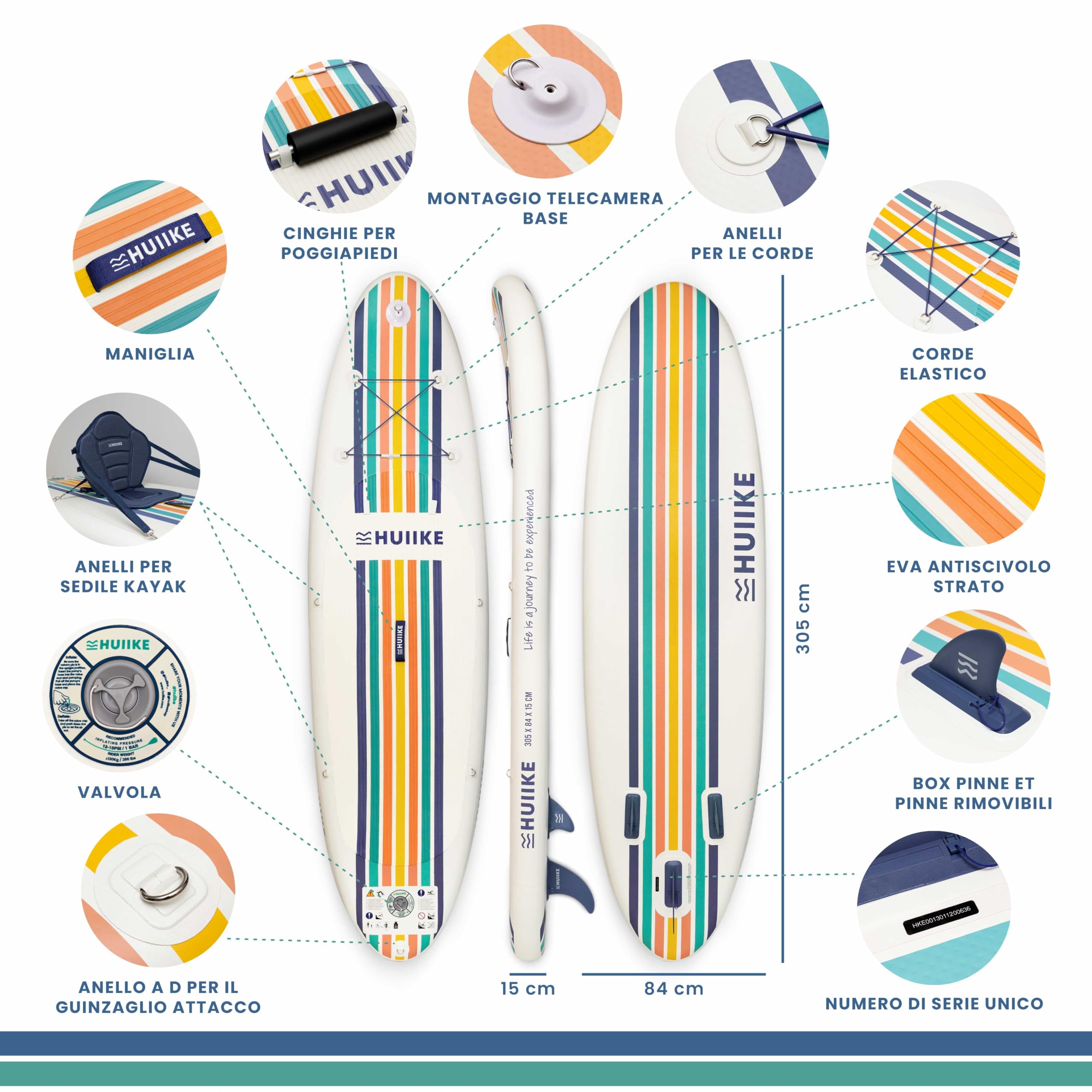 HUIIKE Tavola Sup Gonfiabile Adulti con Accessori Inclusi, Pagaia, Pinne, Pompa. Stand Up Paddle Board con Grande Stabilità e Resistenza. 305 x 84 x 15 cm, Carico Massimo 130 kg