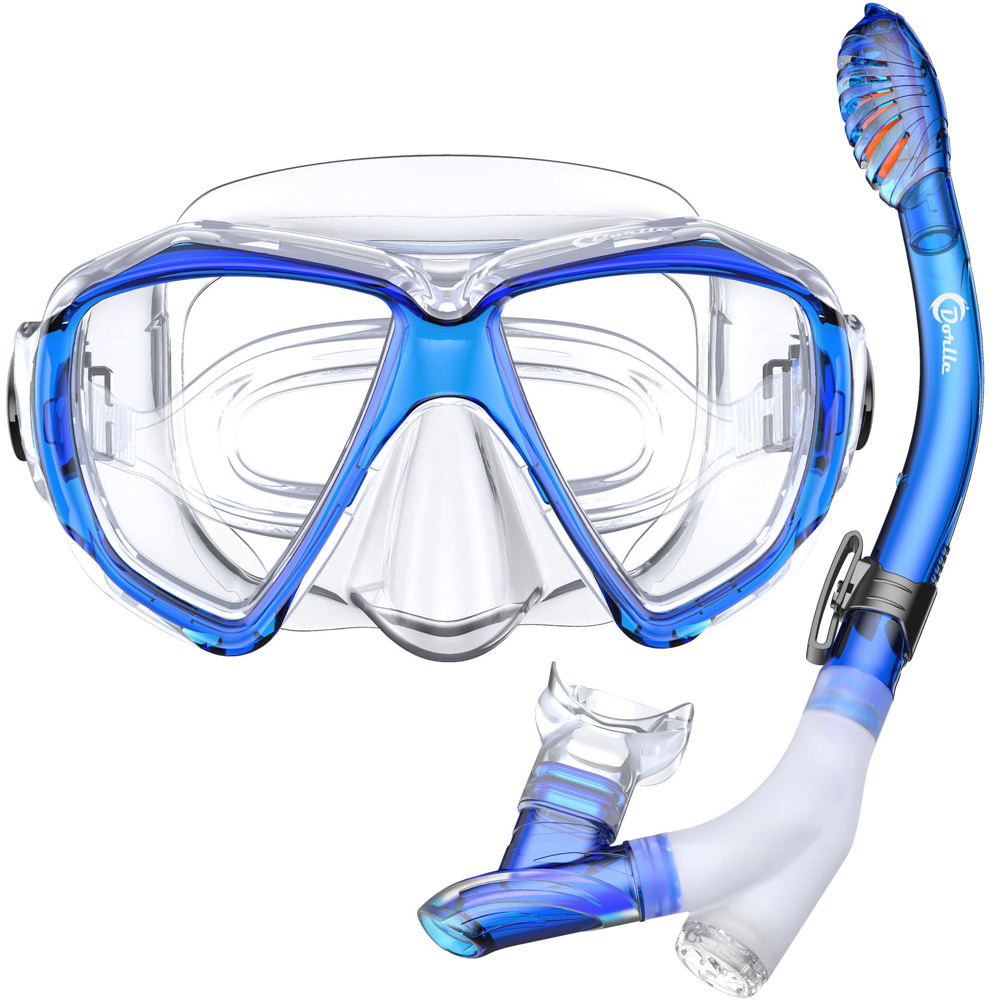 Dorlle Set da snorkeling con boccaglio e occhiali da immersione, impermeabile, anti-appannamento, in vetro temperato, con boccaglio a 3 canali Premium Dry per adulti