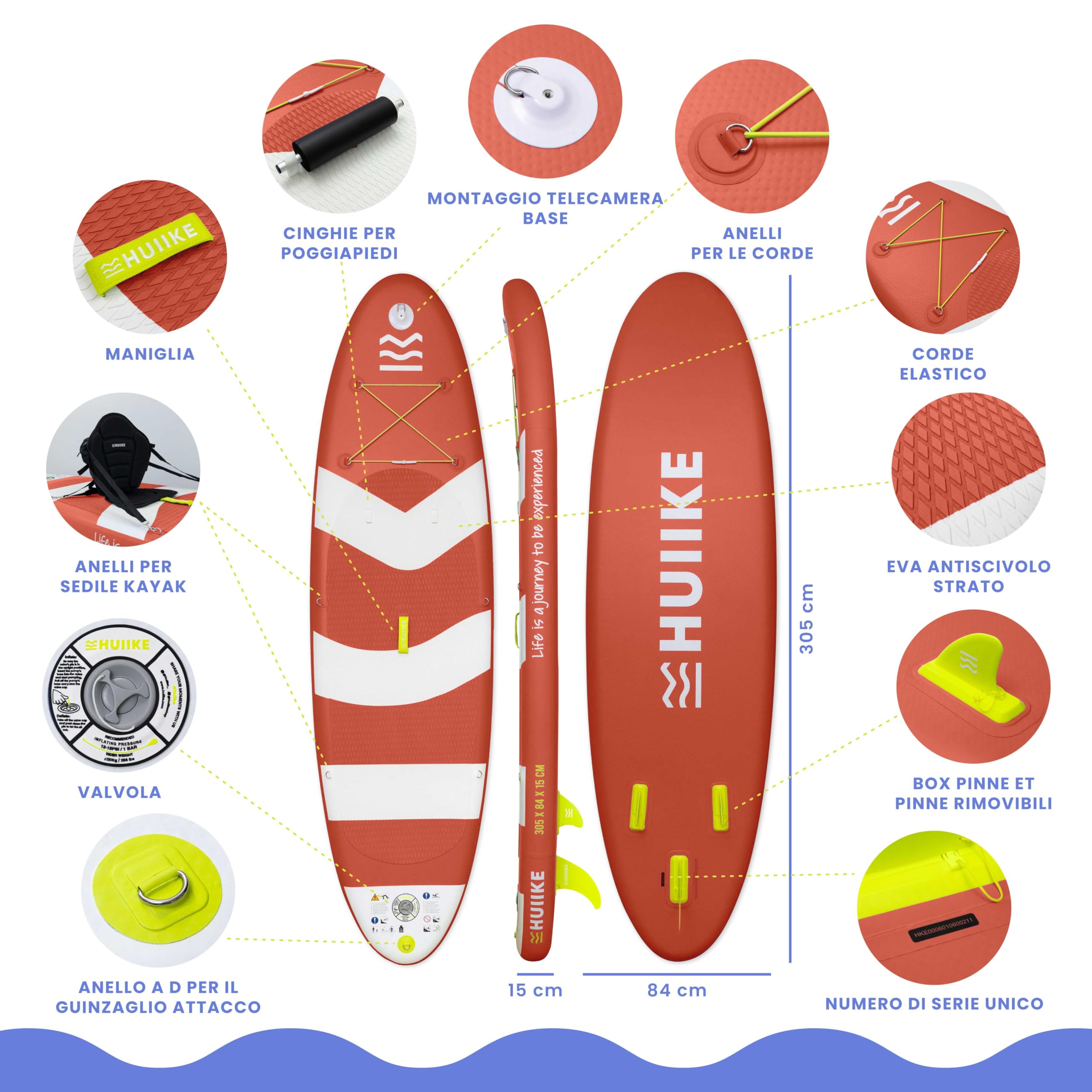 HUIIKE Tavola Sup Gonfiabile Adulti con Accessori Inclusi, Pagaia, Pinne, Pompa. Stand Up Paddle Board con Grande Stabilità e Resistenza. 305 x 84 x 15 cm, Carico Massimo 130 kg