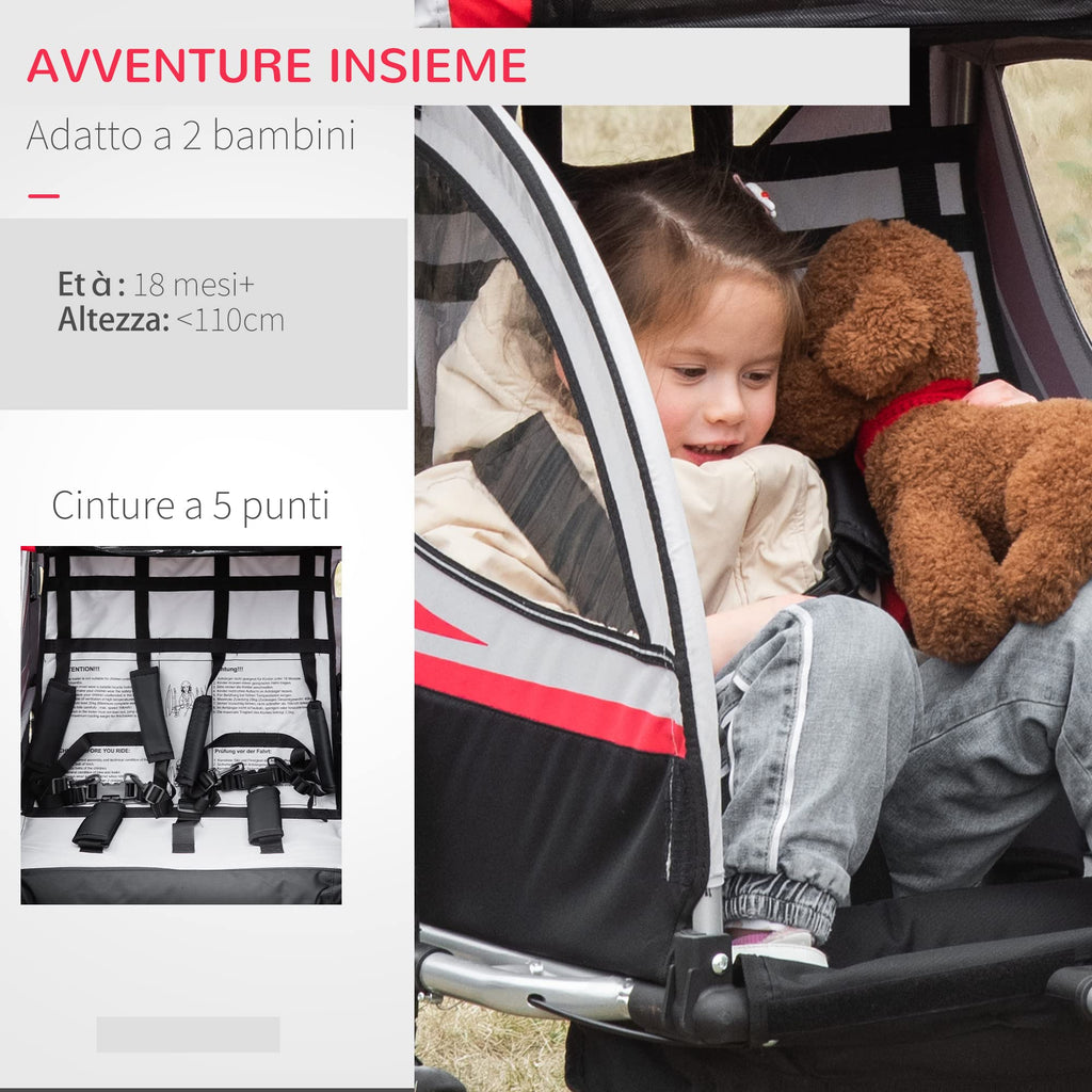 HOMCOM Rimorchio Bici per Bambini e Passeggino, Design 2 in 1 con Freno, Cintura a 5 Punti, Carrello Rimorchio per Bicicletta con Tasche Laterali, Catarifrangenti e Bandierina