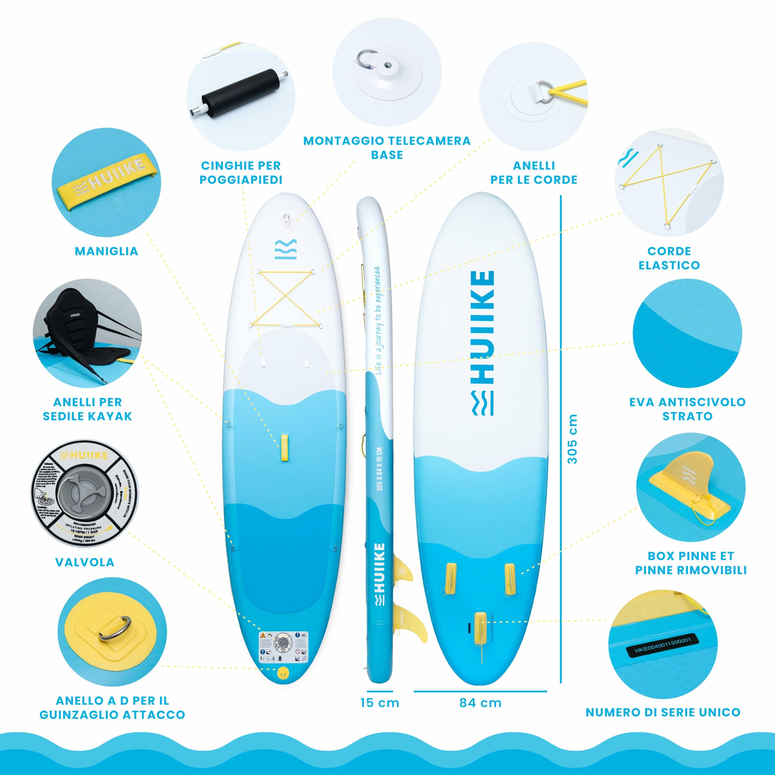 HUIIKE Tavola Sup Gonfiabile Adulti con Accessori Inclusi, Pagaia, Pinne, Pompa. Stand Up Paddle Board con Grande Stabilità e Resistenza. 305 x 84 x 15 cm, Carico Massimo 130 kg