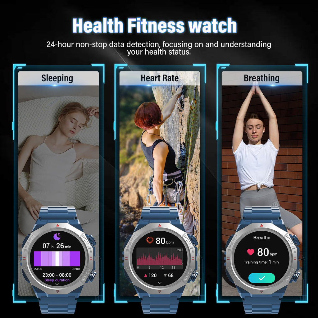 Smartwatch Uomo Militare, Orologio Smartwatch 1.43" con Chiamate Bluetooth, 100+ Modalità Sportive, Batteria 1000 mAh, Monitoraggio Sonno e Cardiofrequenzimetro, Torcia e Bussola per IOS/Android
