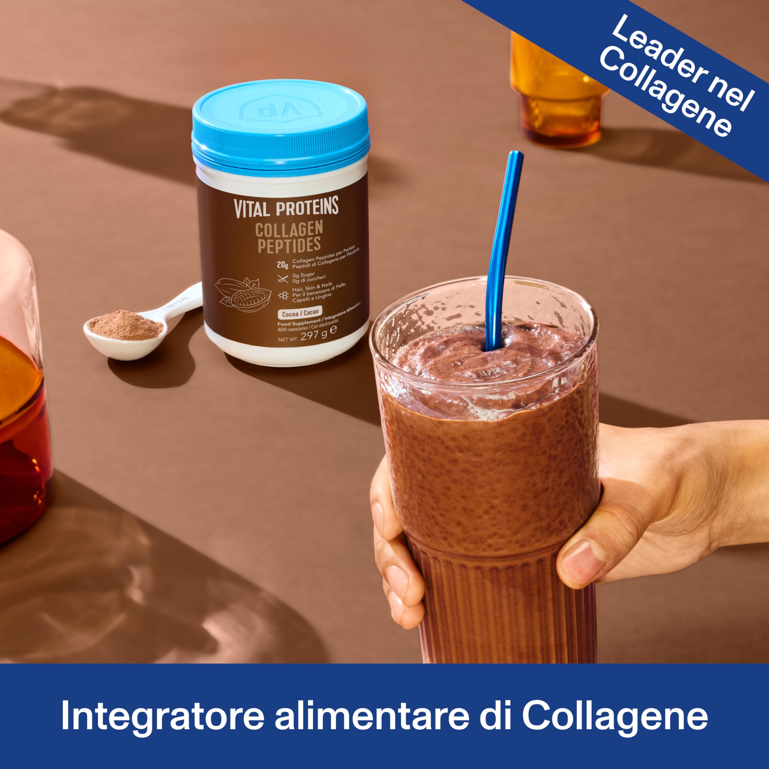 Vital Proteins Collagen Peptides Cacao, integratore collagene idrolizzato in polvere, Gusto Cacao, per pelle, capelli e unghie, 20g di peptidi di collagene bovino per porzione, 297g