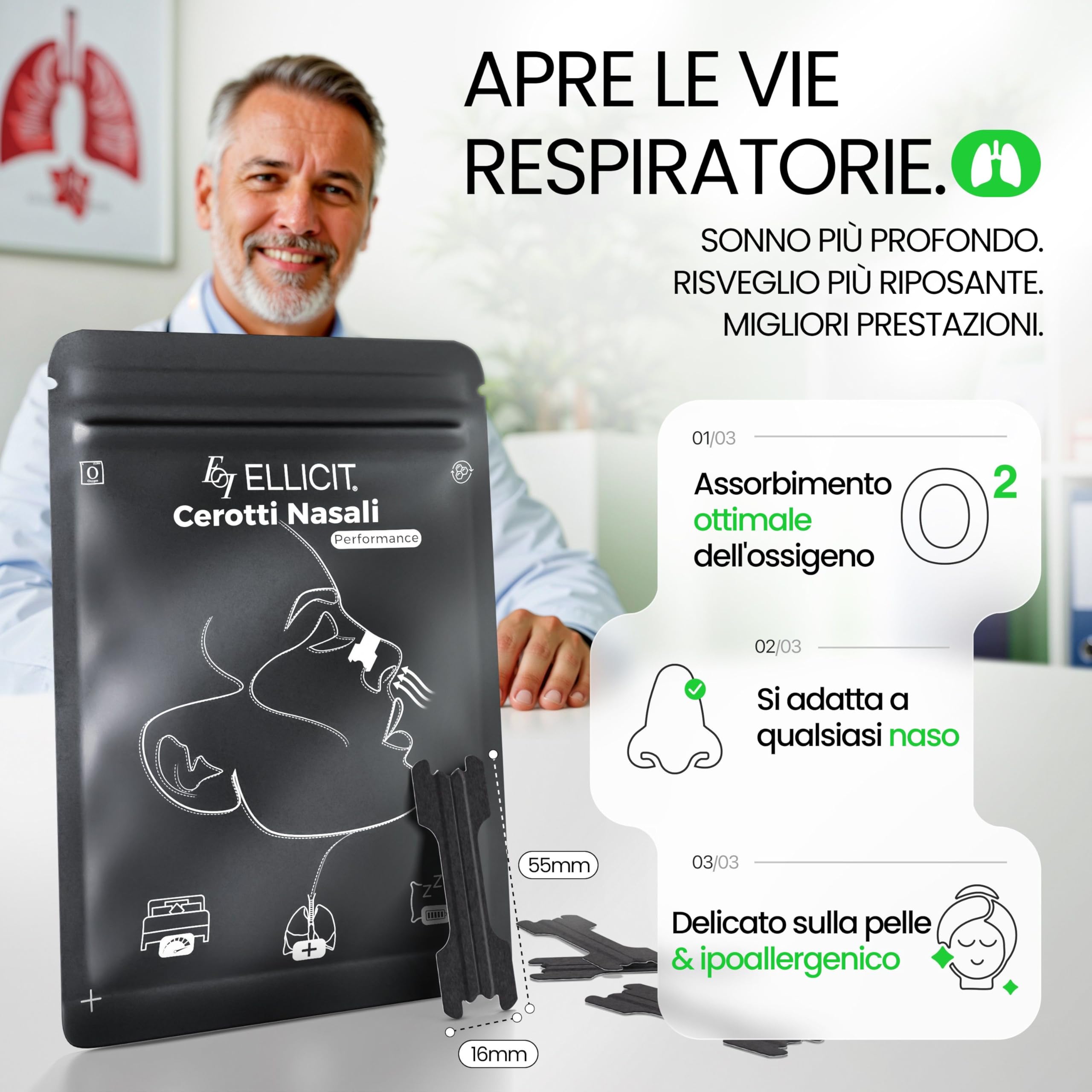 Ellicit Cerotti Nasali, 30 cerotti naso di qualità superiore, cerotti per non russare, tenuta extra per una migliore qualità del sonno, Alivia la congestione nasale, nasal strip [univ.] (Nero)