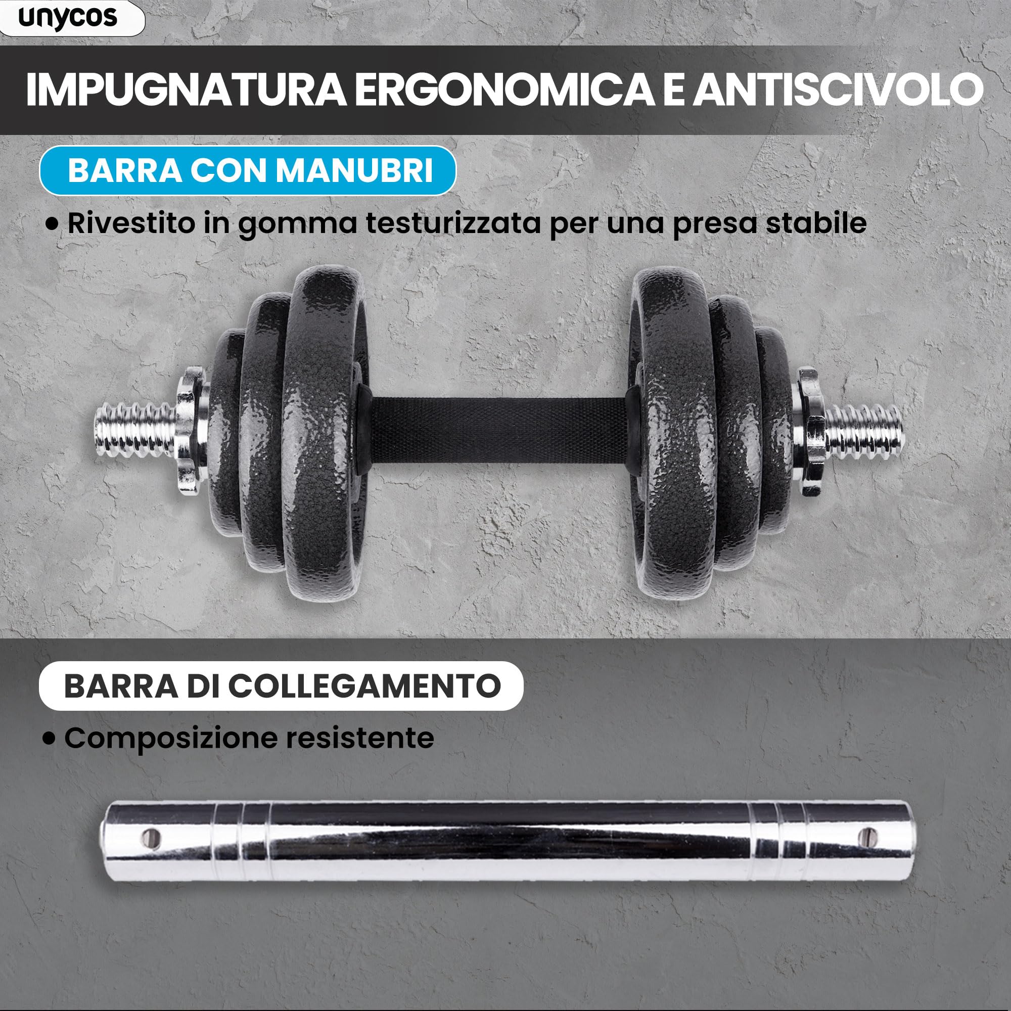 unycos - Haltères Réglables avec Disques 15-50 kg【E-Book + Mallette】Paire de Poids avec Barre de Connexion Antidérapante pour Hommes/Femmes, Entraînement, Gym à Domicile, Fitness (Iron Transformer)