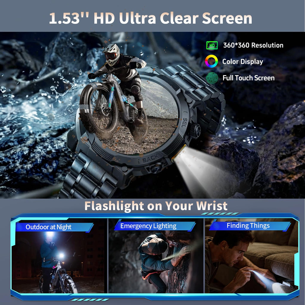 Smartwatch Uomo Militare, Orologio Smartwatch 1.43" con Chiamate Bluetooth, 100+ Modalità Sportive, Batteria 1000 mAh, Monitoraggio Sonno e Cardiofrequenzimetro, Torcia e Bussola per IOS/Android