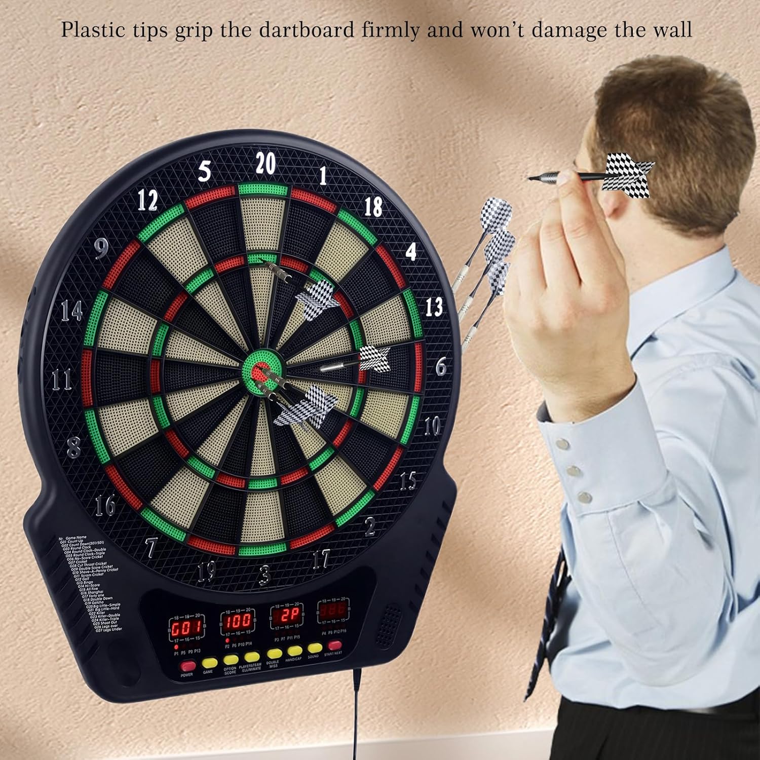 Cible de fléchettes électronique – Ensemble de fléchettes électroniques à pointe plastique, 4 écrans LCD, 27 modes de jeu, jusqu'à 16 joueurs, pour professionnels, amateurs et débutants