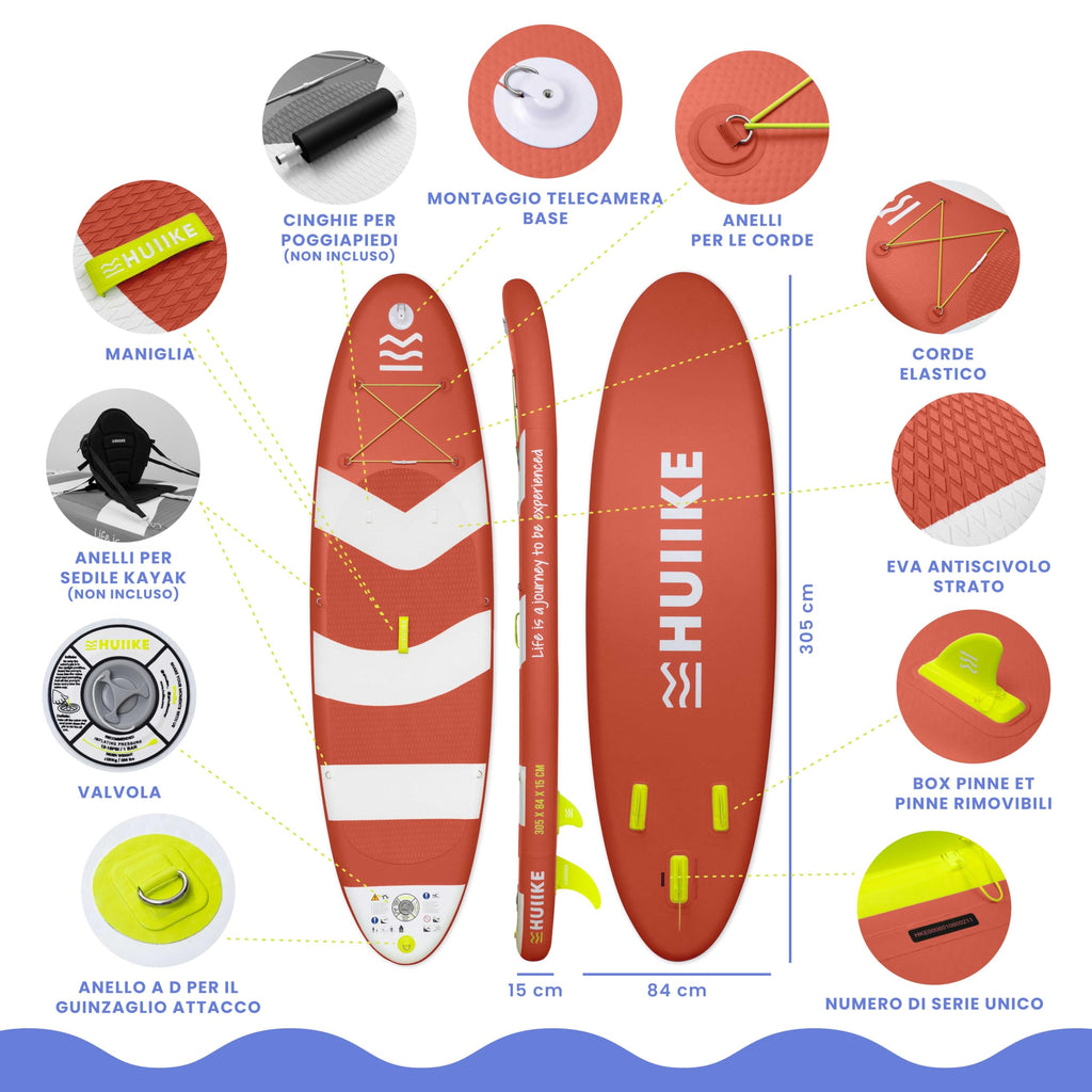 HUIIKE Tavola Sup Gonfiabile Adulti con Accessori Inclusi, Pagaia, Pinne, Pompa. Stand Up Paddle Board con Grande Stabilità e Resistenza. 305 x 84 x 15 cm, Carico Massimo 130 kg