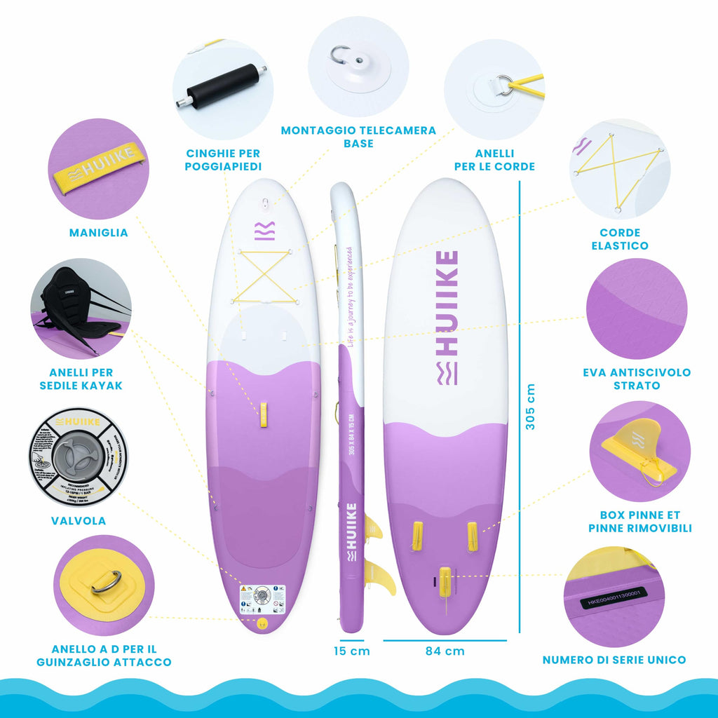 HUIIKE Tavola Sup Gonfiabile Adulti con Accessori Inclusi, Pagaia, Pinne, Pompa. Stand Up Paddle Board con Grande Stabilità e Resistenza. 305 x 84 x 15 cm, Carico Massimo 130 kg