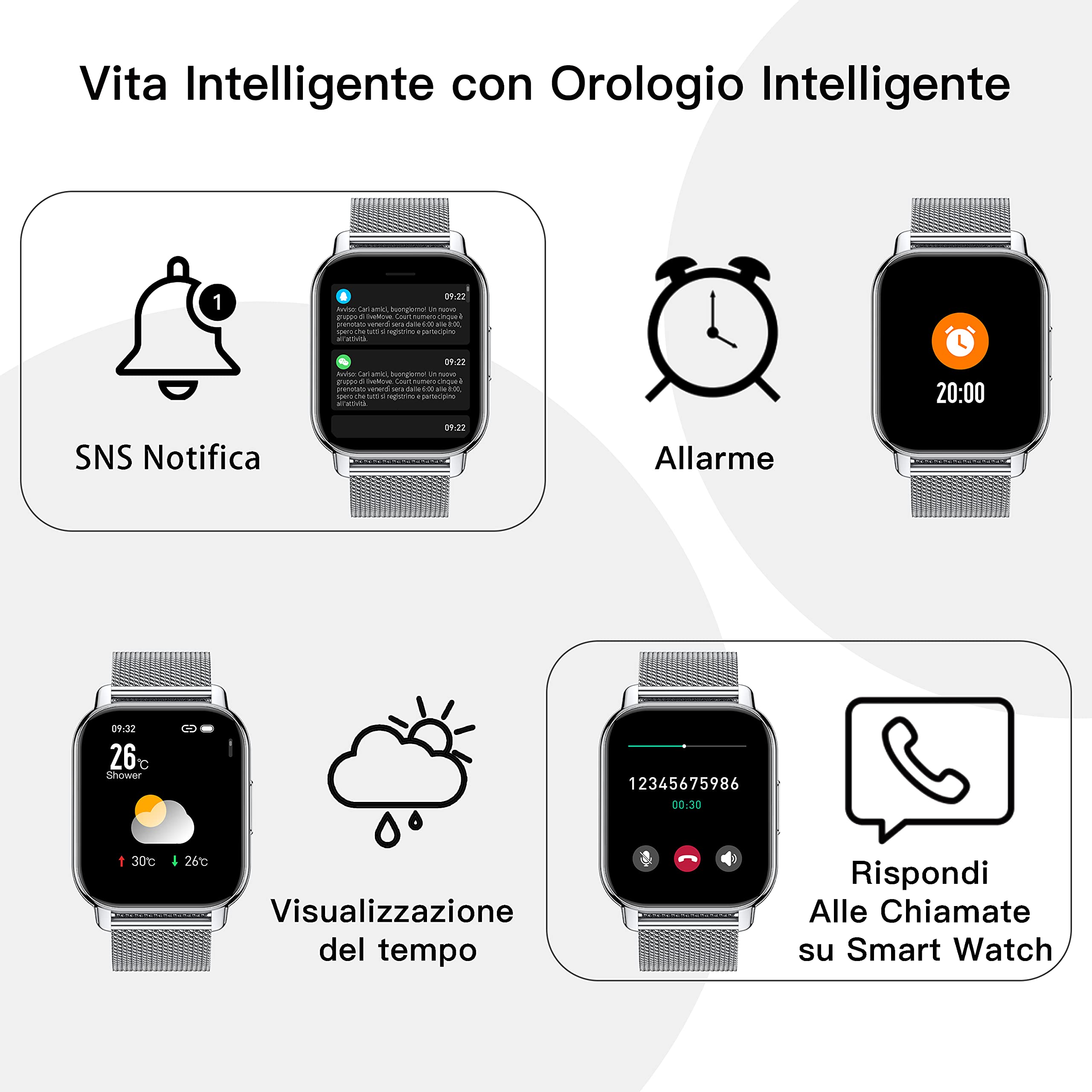 Popglory Smartwatch Uomo Donna Chiamate e Whatsapp, AI Orologio Contapassi 100+ Sports, Assistente, Salute 24/7, Pressione Sanguigna, Cardiofrequenzimetro, SpO2 Sonno, 2 Cinturini per Android iOS
