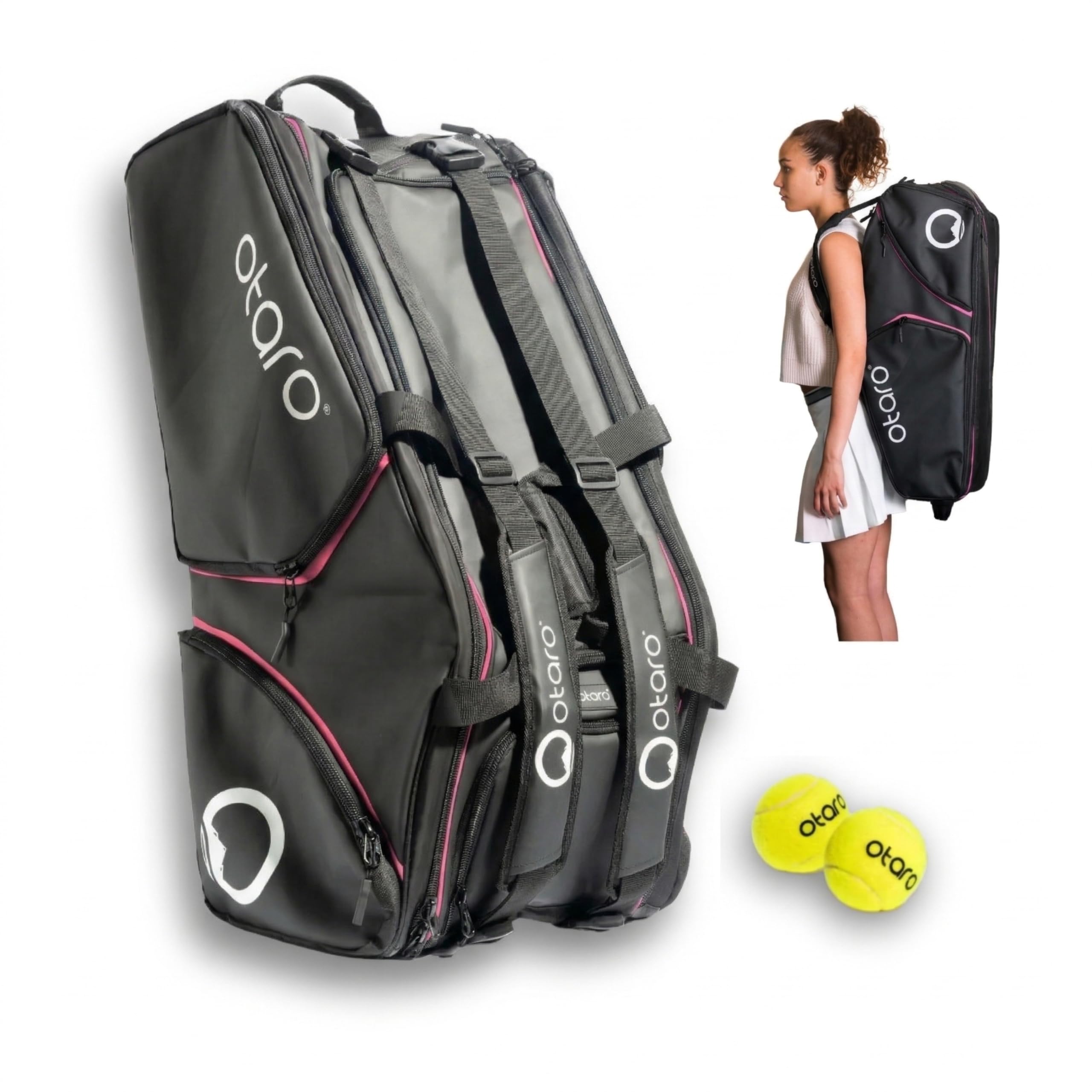 Otaro Borsa tennis 82L | Borsone tennis per 4 racchette | Con scomparto isolato, scomparto per scarpe, scomparto termico e scomparto per laptop | Sistema trasporto 3 in 1 | Zaino tennis idrorepellente