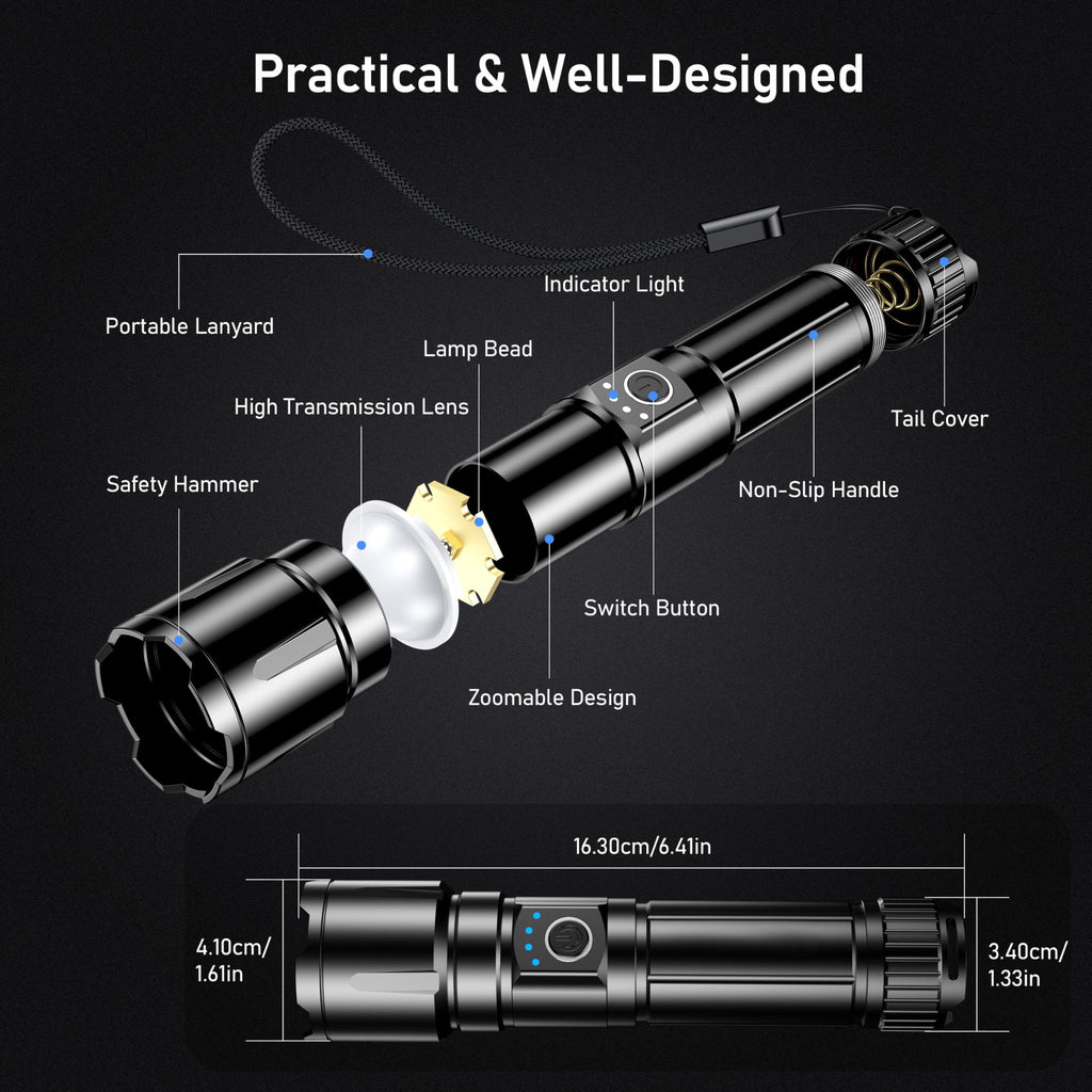 Blukar Torcia LED Potente Professionale, Ultra Alto Lumen Super Luminoso Zoomabile Torcia Alta Potenza, Ricaricabile, 5 Modalità, IP67 Impermeabile Flashlight per Campeggio/Pesca/Emergenza/Trekking