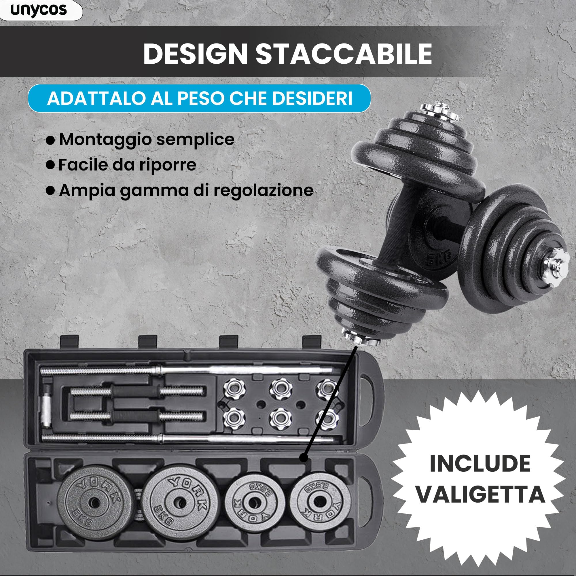 unycos - Haltères Réglables avec Disques 15-50 kg【E-Book + Mallette】Paire de Poids avec Barre de Connexion Antidérapante pour Hommes/Femmes, Entraînement, Gym à Domicile, Fitness (Iron Transformer)
