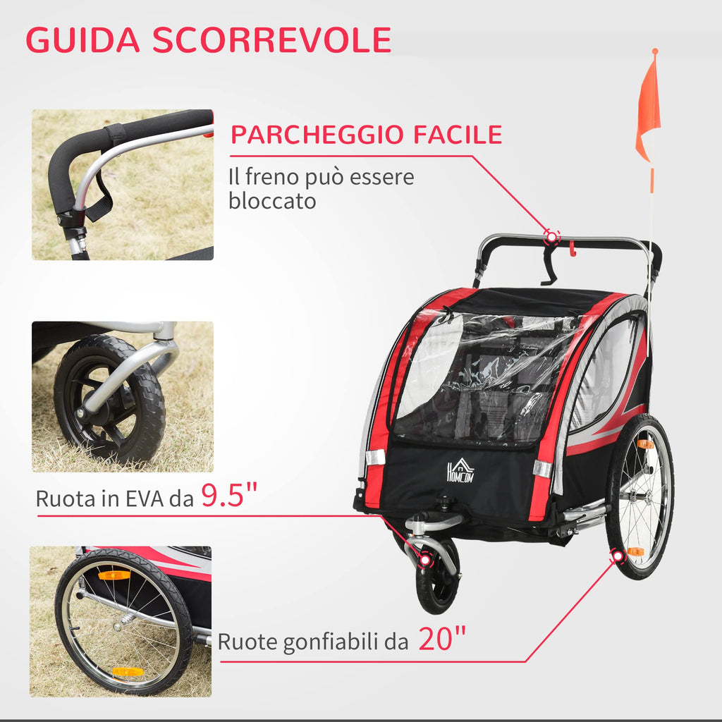 HOMCOM Rimorchio Bici per Bambini e Passeggino, Design 2 in 1 con Freno, Cintura a 5 Punti, Carrello Rimorchio per Bicicletta con Tasche Laterali, Catarifrangenti e Bandierina