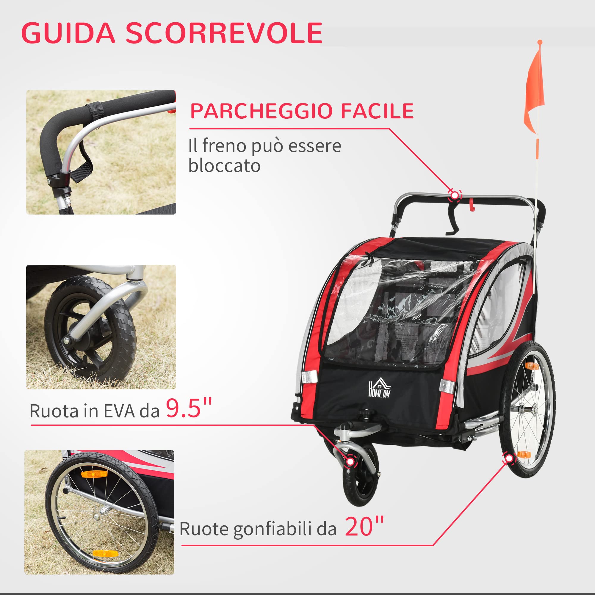 HOMCOM Rimorchio Bici per Bambini e Passeggino, Design 2 in 1 con Freno, Cintura a 5 Punti, Carrello Rimorchio per Bicicletta con Tasche Laterali, Catarifrangenti e Bandierina