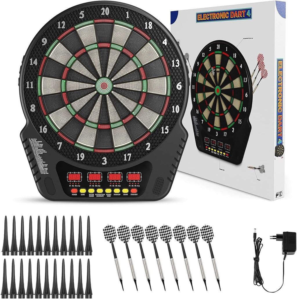 Cible de fléchettes électronique – Ensemble de fléchettes électroniques à pointe plastique, 4 écrans LCD, 27 modes de jeu, jusqu'à 16 joueurs, pour professionnels, amateurs et débutants