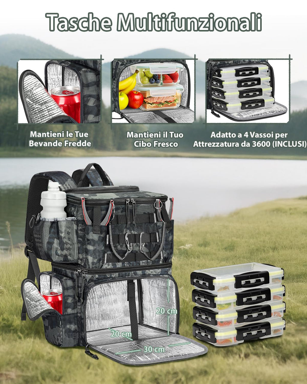 MATEIN Zaino Pesca con Scatole e Portacanna, Impermeabile Zaino da Pesca per Uomo con Scomparto Termico Isolato, Zaini per Attrezzatura con 4 Scatole per Campeggio, Regali per Pescatori, Mimetico
