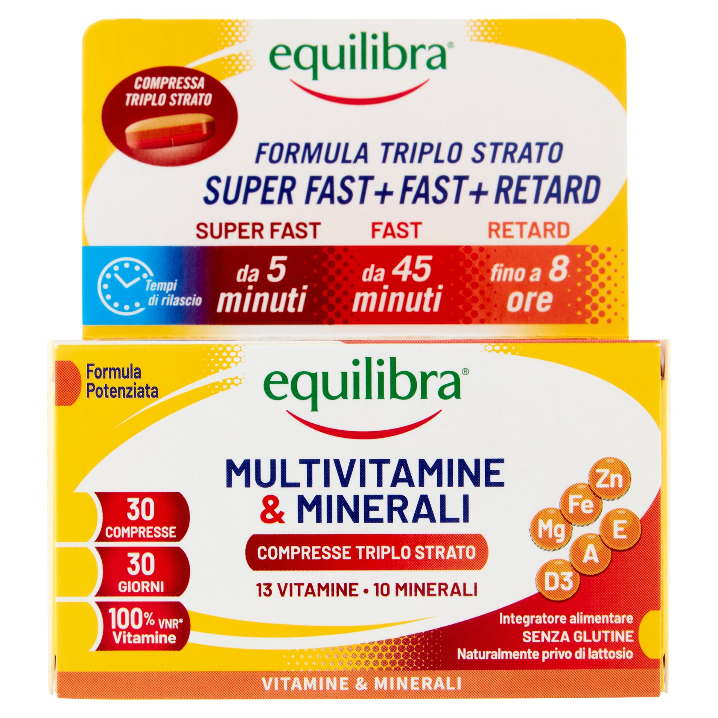 Equilibra Multivitamine e Minerali, Rilascio Prolungato fino a 8 ore, Vitamine A, B, C, D, E, Ferro, Iodio, Zinco, per Energia e Sostegno, Senza Glutine, per Vegetariani, 30 Compresse Triplo Strato