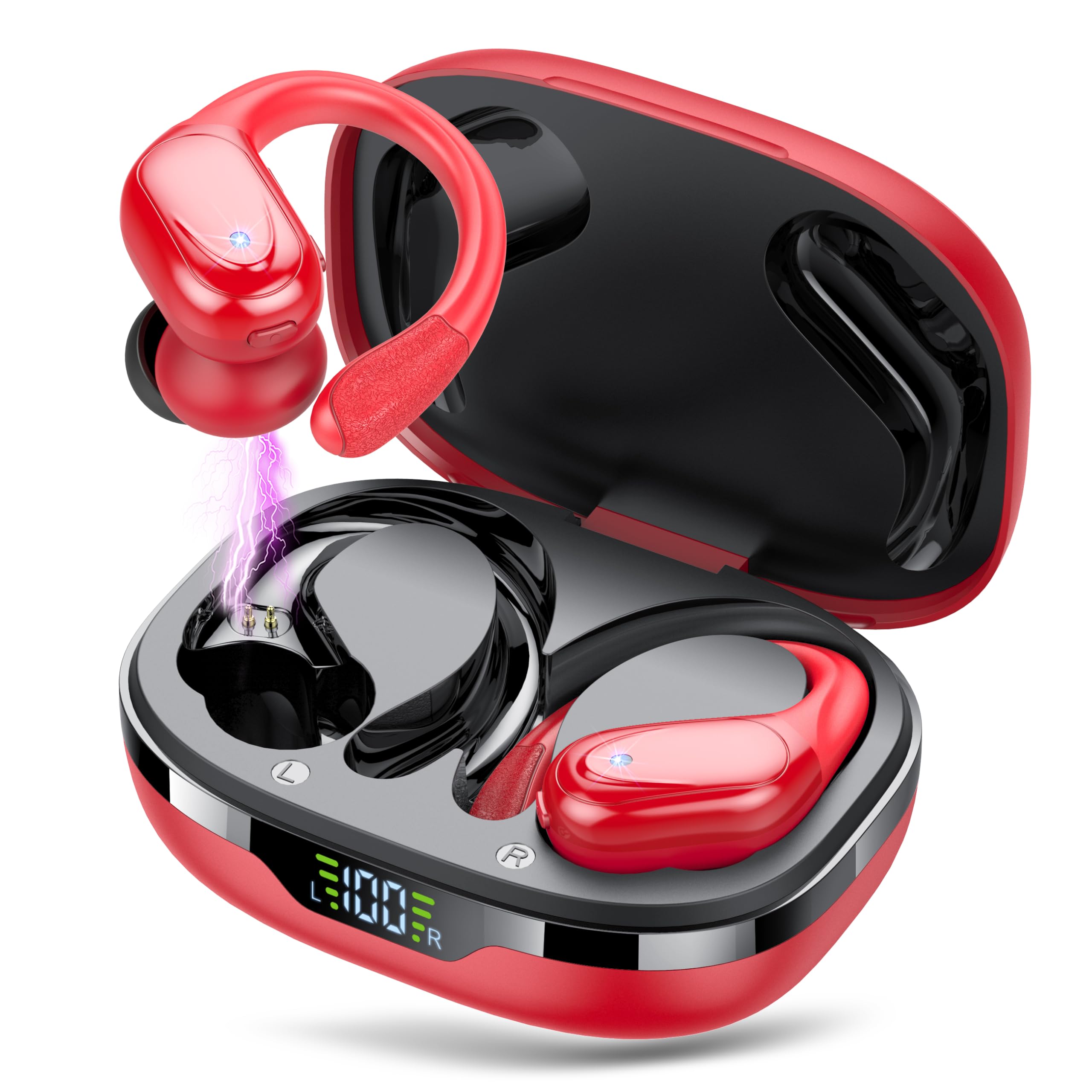 Cuffie Bluetooth, Sport Auricolari Bluetooth 5.3 con Gancio per Orecchio, 60H con Indicatore LED per Cassa di Ricarica, Chiamata ENC HD, Vestibilità Comoda, Basso Profondo, IPX7 Impermeabile(Nero).