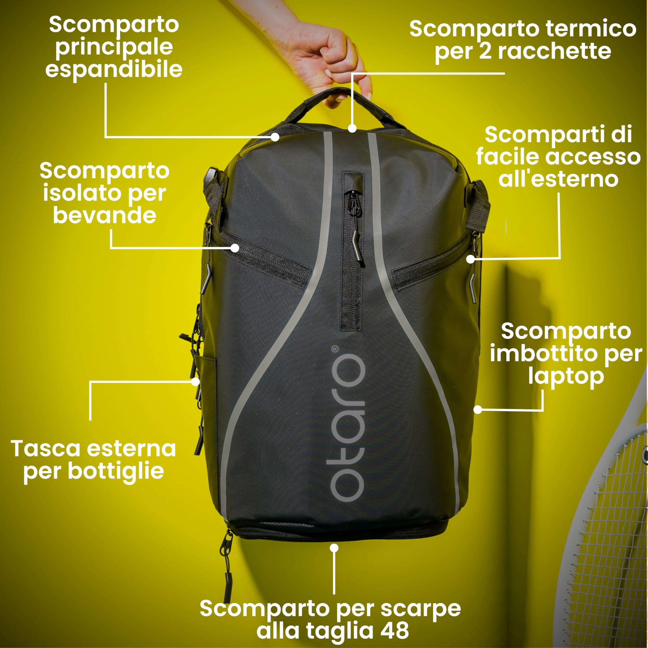 Otaro Zaino Tennis | Zaino con porta scarpe, scomparto per laptop e scomparto per 2 racchette | Zaino sportivo | Porta racchetta tennis | Borsa tennis con copertura antipioggia e sacca per biancheria