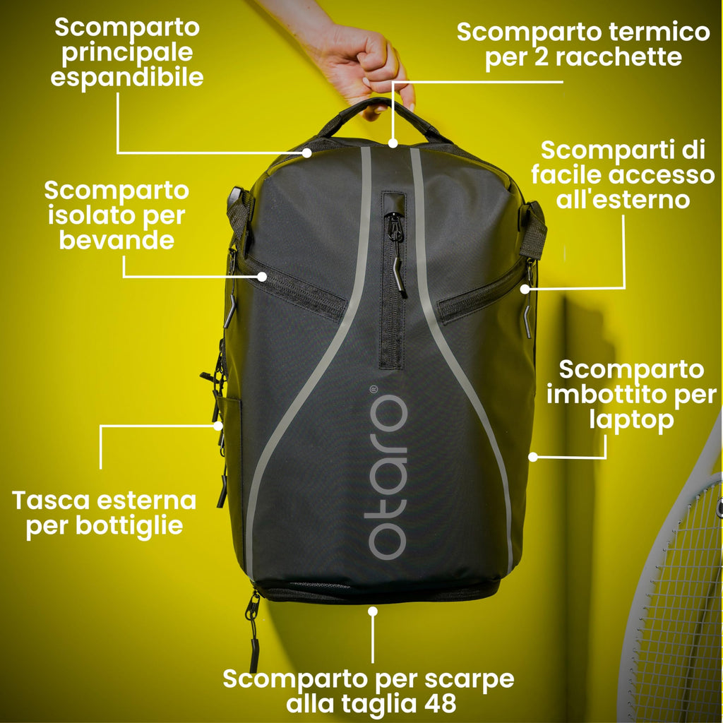 Otaro Zaino Tennis | Zaino con porta scarpe, scomparto per laptop e scomparto per 2 racchette | Zaino sportivo | Porta racchetta tennis | Borsa tennis con copertura antipioggia e sacca per biancheria