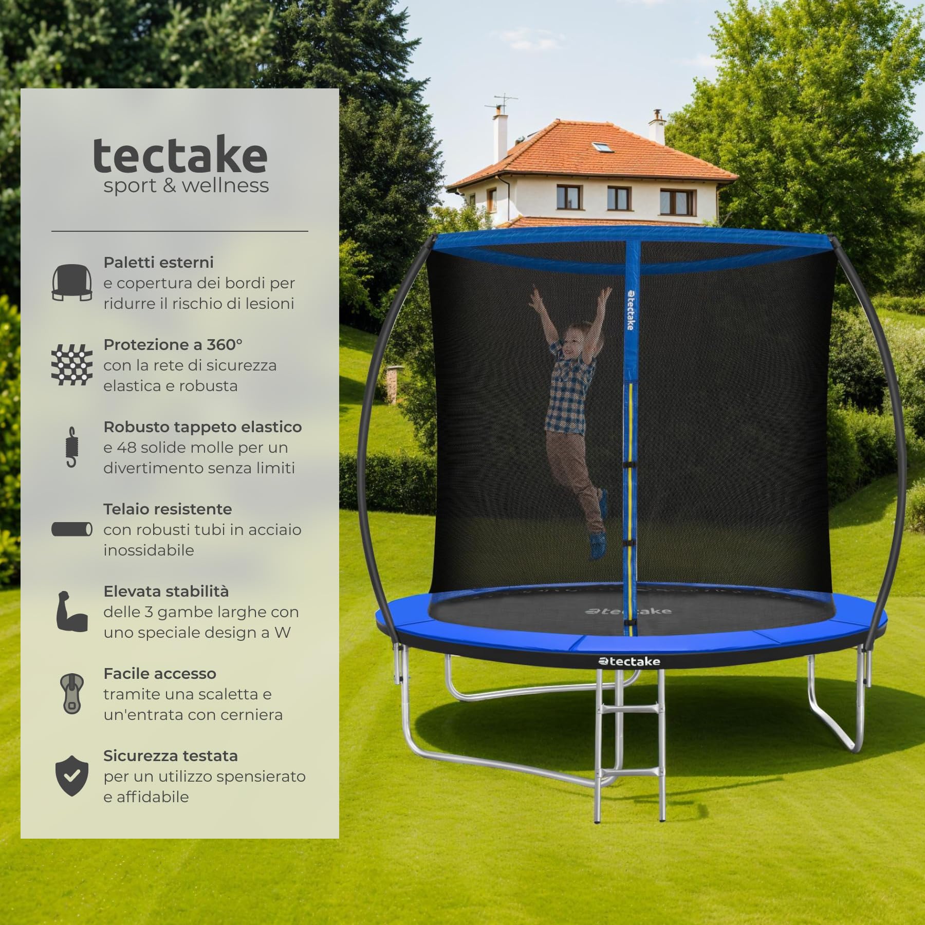 tectake® Trampoline de jardin, pour le fitness et le jeu, pour enfants et adultes, avec filet de sécurité et échelle