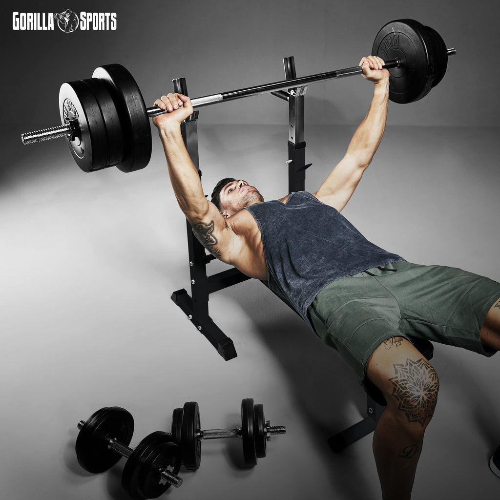 GORILLA SPORTS® Panca Pesi Multifunzione Regolabile – Pieghevole con Porta, Bilanciere e Manubri con Dischi 38/70/100 kg – Piana/Inclinata, Struttura Robusta Max 200 kg – Palestra Casa Fitness