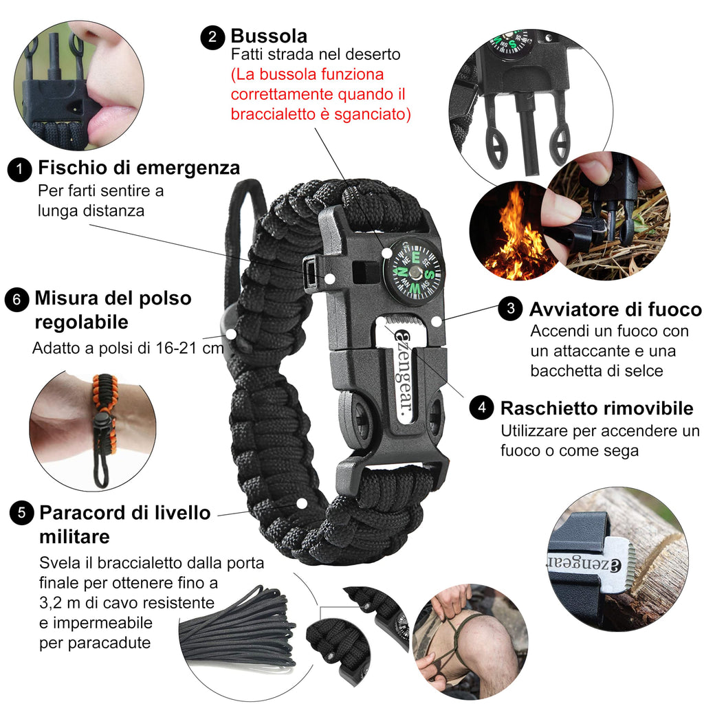 Braccialetto Sopravvivenza in Paracord (Coppia) │ Accendifuoco in selce e Acciaio, Fischietto, Bussola, Fascia Regolabile per Campeggio, bushcraft, Kit di Emergenza (Nero e Arancione)