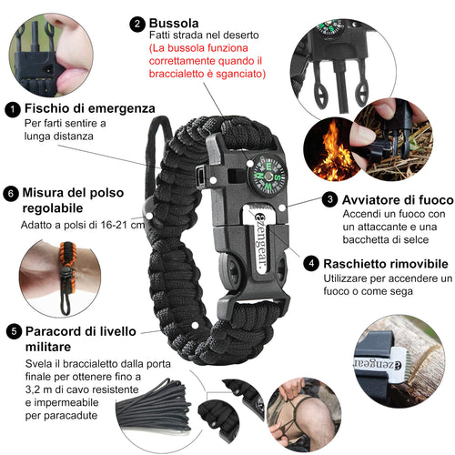 Braccialetto Sopravvivenza in Paracord (Coppia) │ Accendifuoco in selce e Acciaio, Fischietto, Bussola, Fascia Regolabile per Campeggio, bushcraft, Kit di Emergenza (Nero e Arancione)