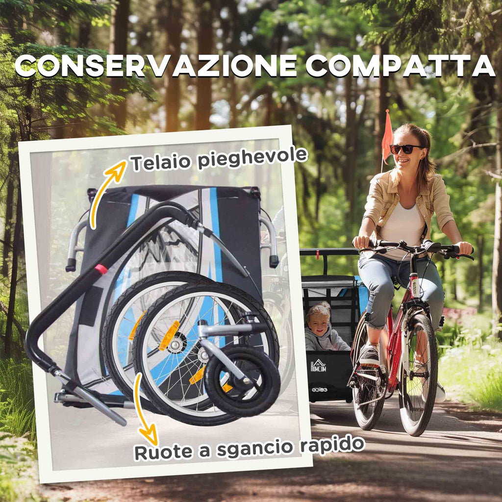 HOMCOM Rimorchio Bici per Bambini e Passeggino, Design 2 in 1 con Freno, Cintura a 5 Punti, Carrello Rimorchio per Bicicletta con Tasche Laterali, Catarifrangenti e Bandierina
