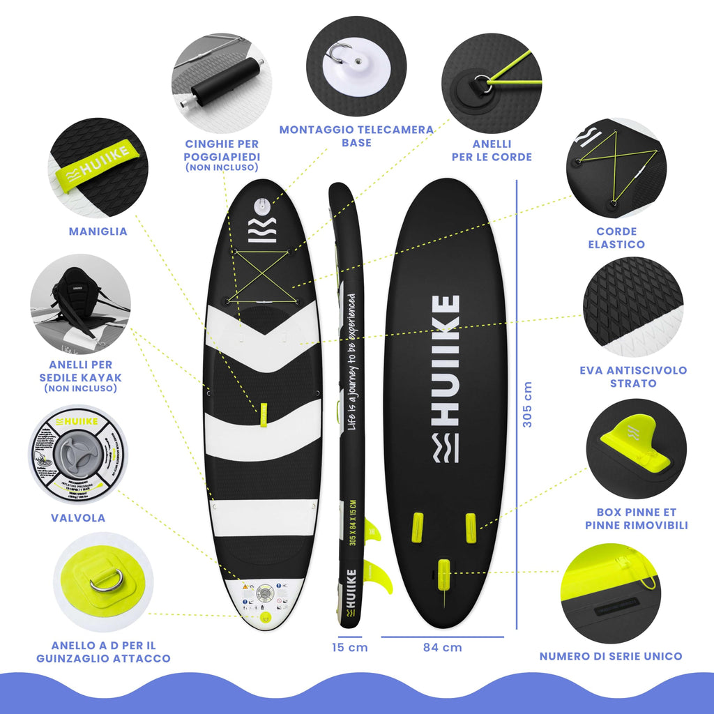 HUIIKE Tavola Sup Gonfiabile Adulti con Accessori Inclusi, Pagaia, Pinne, Pompa. Stand Up Paddle Board con Grande Stabilità e Resistenza. 305 x 84 x 15 cm, Carico Massimo 130 kg