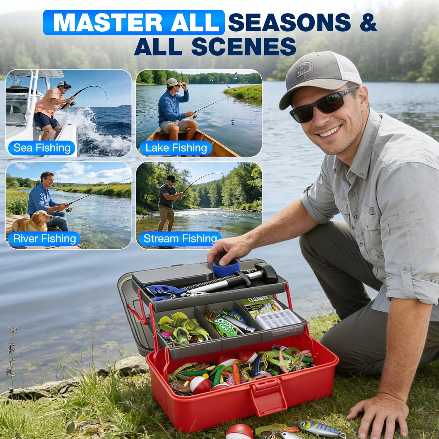 Set di 460 esche da pesca con grande scatola a 3 strati – Accessori da pesca completi con pinze, ganci, crankbait, svasatori, jig, piombo e molto altro ancora – regalo per uomini