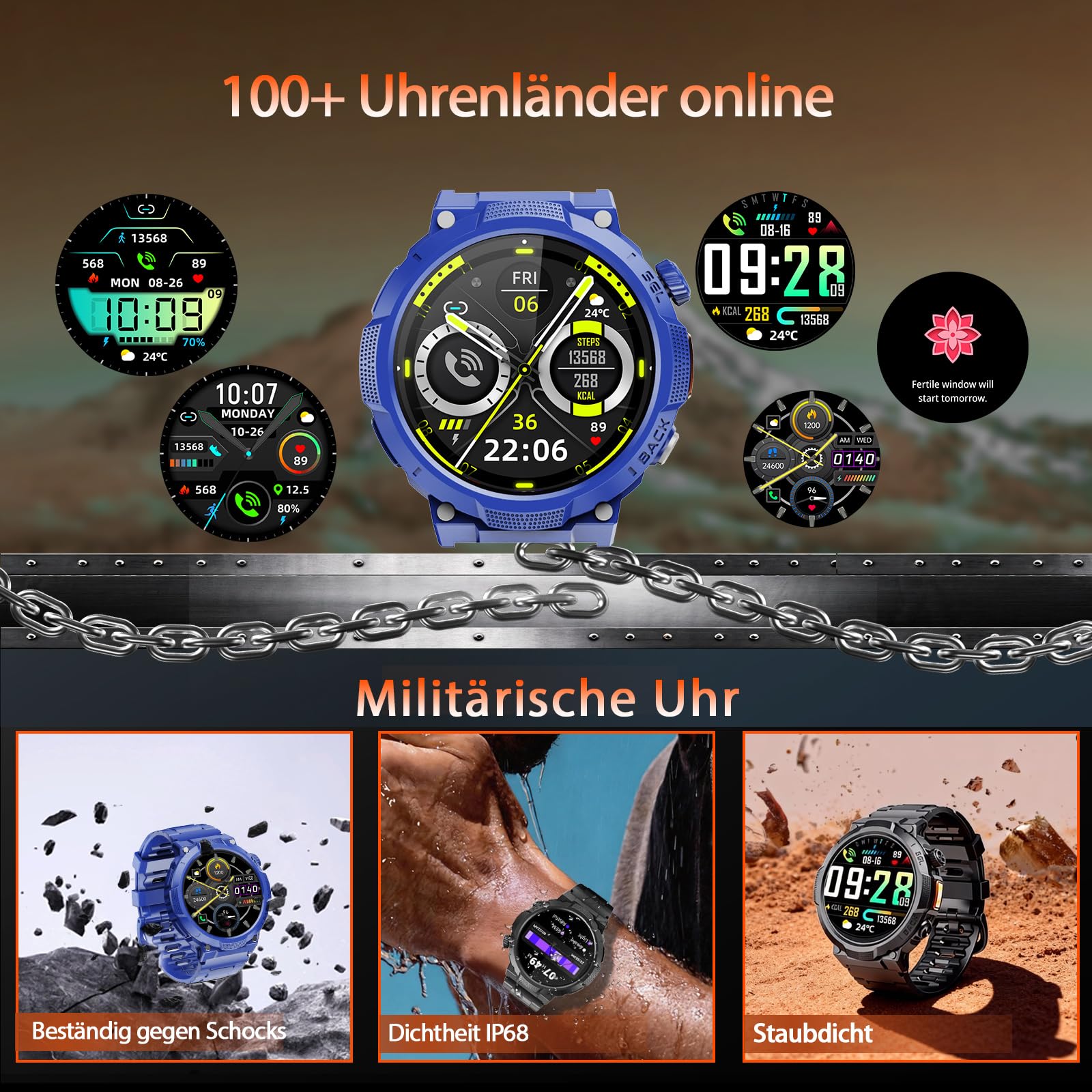 Smartwatch Uomo Militare, Orologio Smartwatch 1.43" con Chiamate Bluetooth, 100+ Modalità Sportive, Batteria 1000 mAh, Monitoraggio Sonno e Cardiofrequenzimetro, Torcia e Bussola per IOS/Android