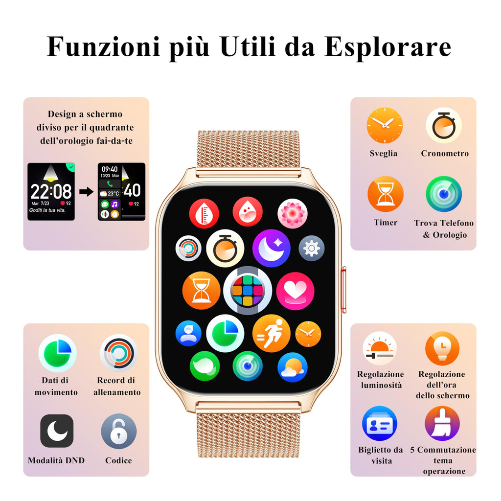 Popglory Smartwatch Uomo Donna Chiamate e Whatsapp, AI Orologio Contapassi 100+ Sports, Assistente, Salute 24/7, Pressione Sanguigna, Cardiofrequenzimetro, SpO2 Sonno, 2 Cinturini per Android iOS