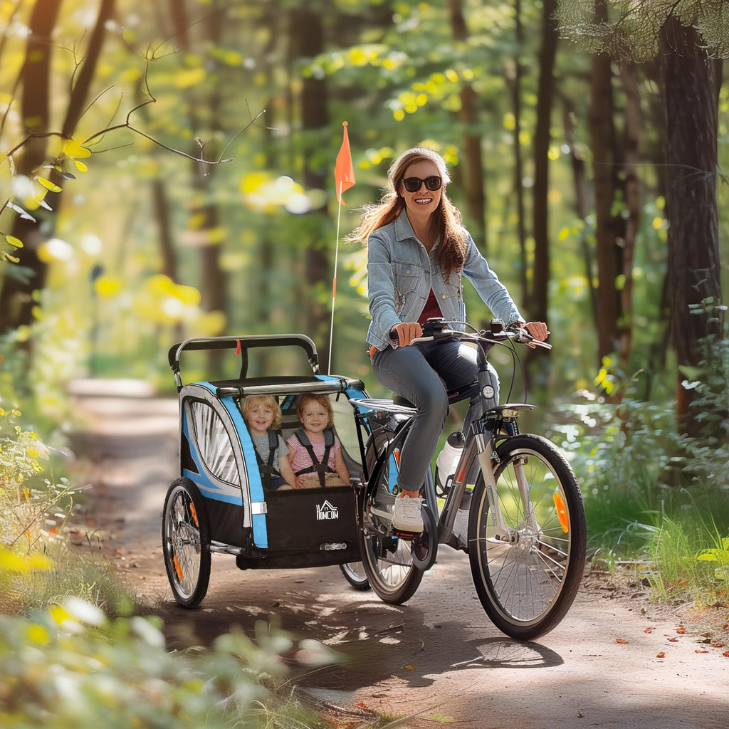 HOMCOM Rimorchio Bici per Bambini e Passeggino, Design 2 in 1 con Freno, Cintura a 5 Punti, Carrello Rimorchio per Bicicletta con Tasche Laterali, Catarifrangenti e Bandierina