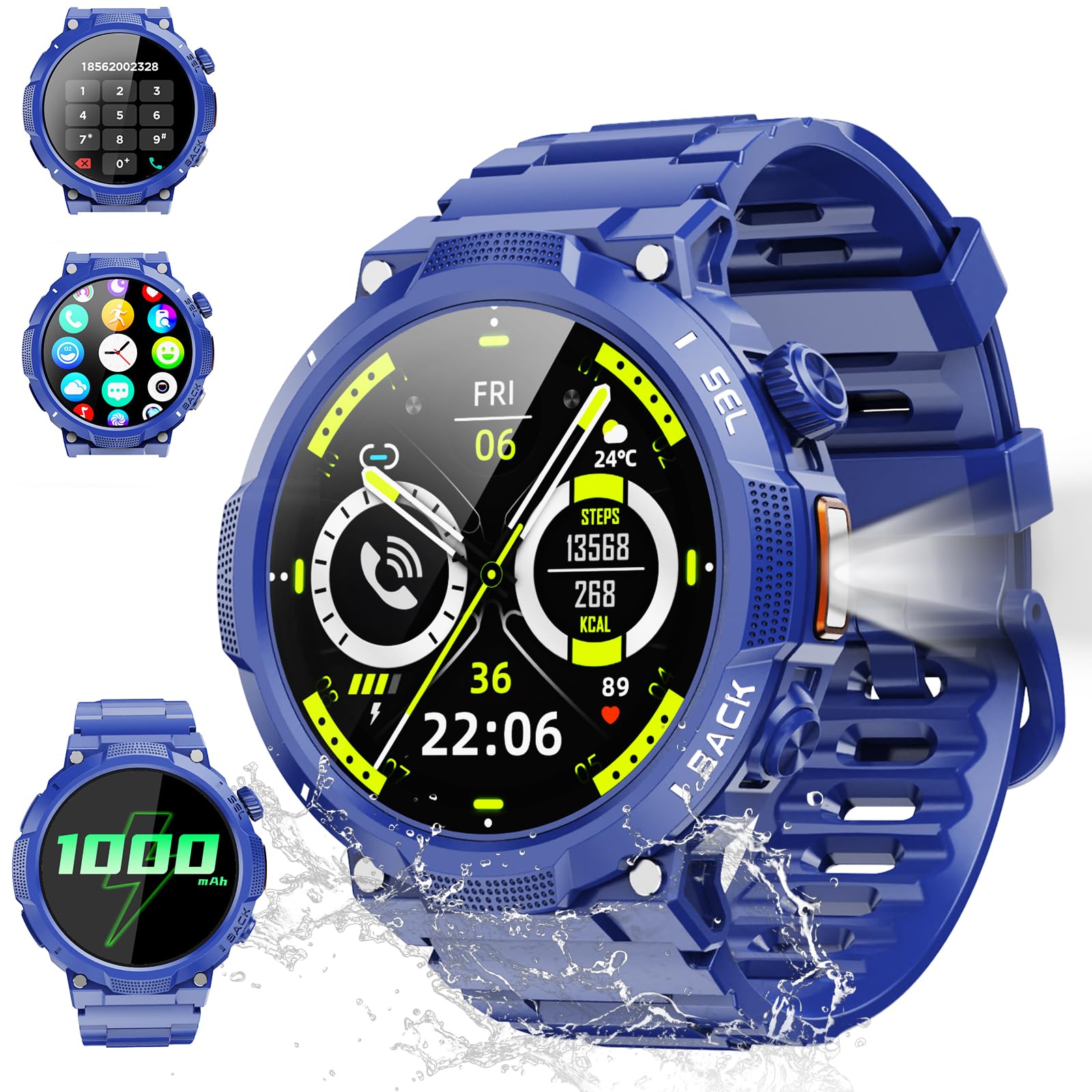 Smartwatch Uomo Militare, Orologio Smartwatch 1.43" con Chiamate Bluetooth, 100+ Modalità Sportive, Batteria 1000 mAh, Monitoraggio Sonno e Cardiofrequenzimetro, Torcia e Bussola per IOS/Android