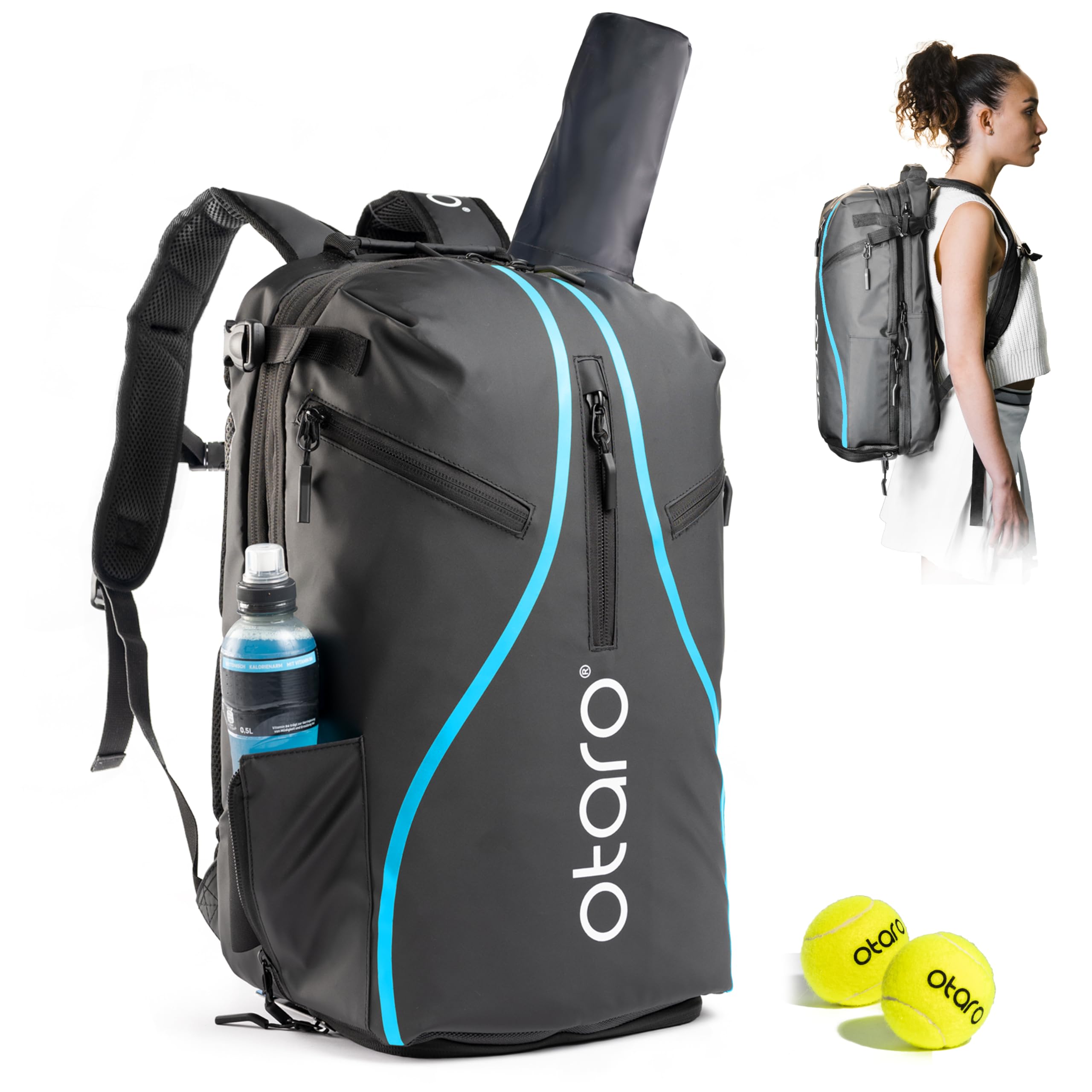 Otaro Zaino Tennis | Zaino con porta scarpe, scomparto per laptop e scomparto per 2 racchette | Zaino sportivo | Porta racchetta tennis | Borsa tennis con copertura antipioggia e sacca per biancheria