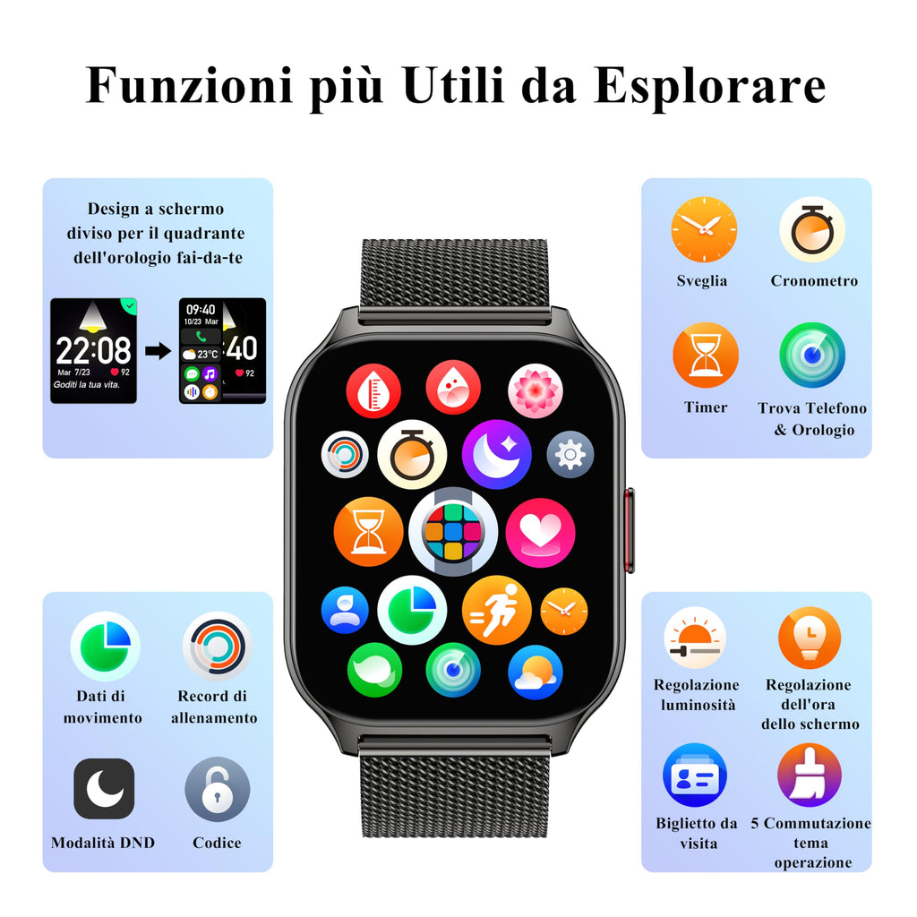 Popglory Smartwatch Uomo Donna Chiamate e Whatsapp, AI Orologio Contapassi 100+ Sports, Assistente, Salute 24/7, Pressione Sanguigna, Cardiofrequenzimetro, SpO2 Sonno, 2 Cinturini per Android iOS